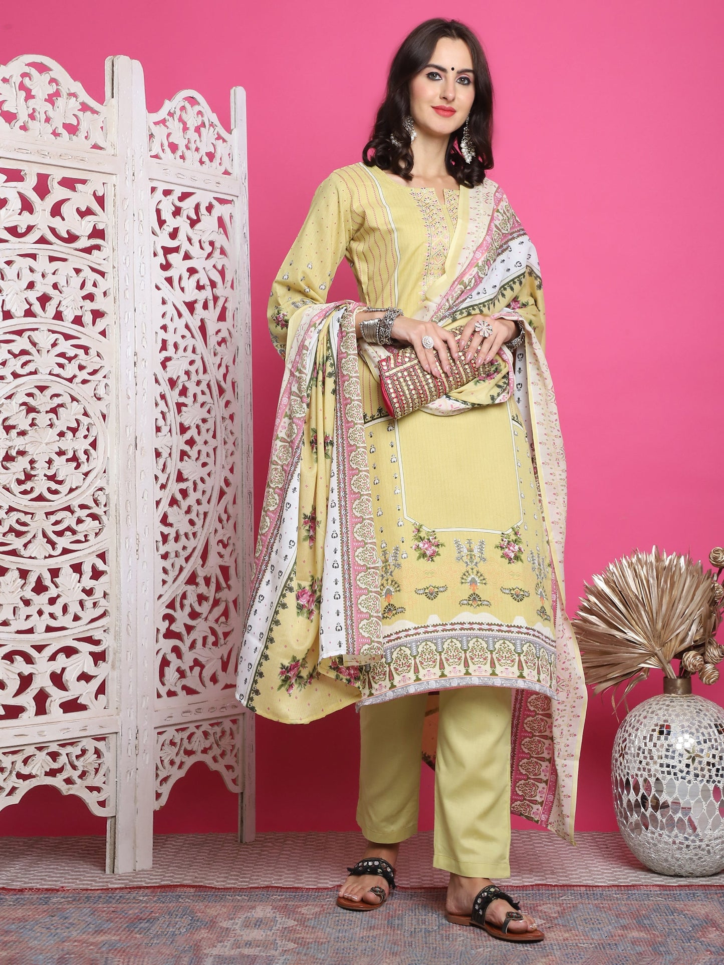 Jyoti Fashion Women's Lemon Yellow Cotton Floral Digital Print with Resham Thread Work Kurta with Trouser & Dupatta | Swadesiicart
