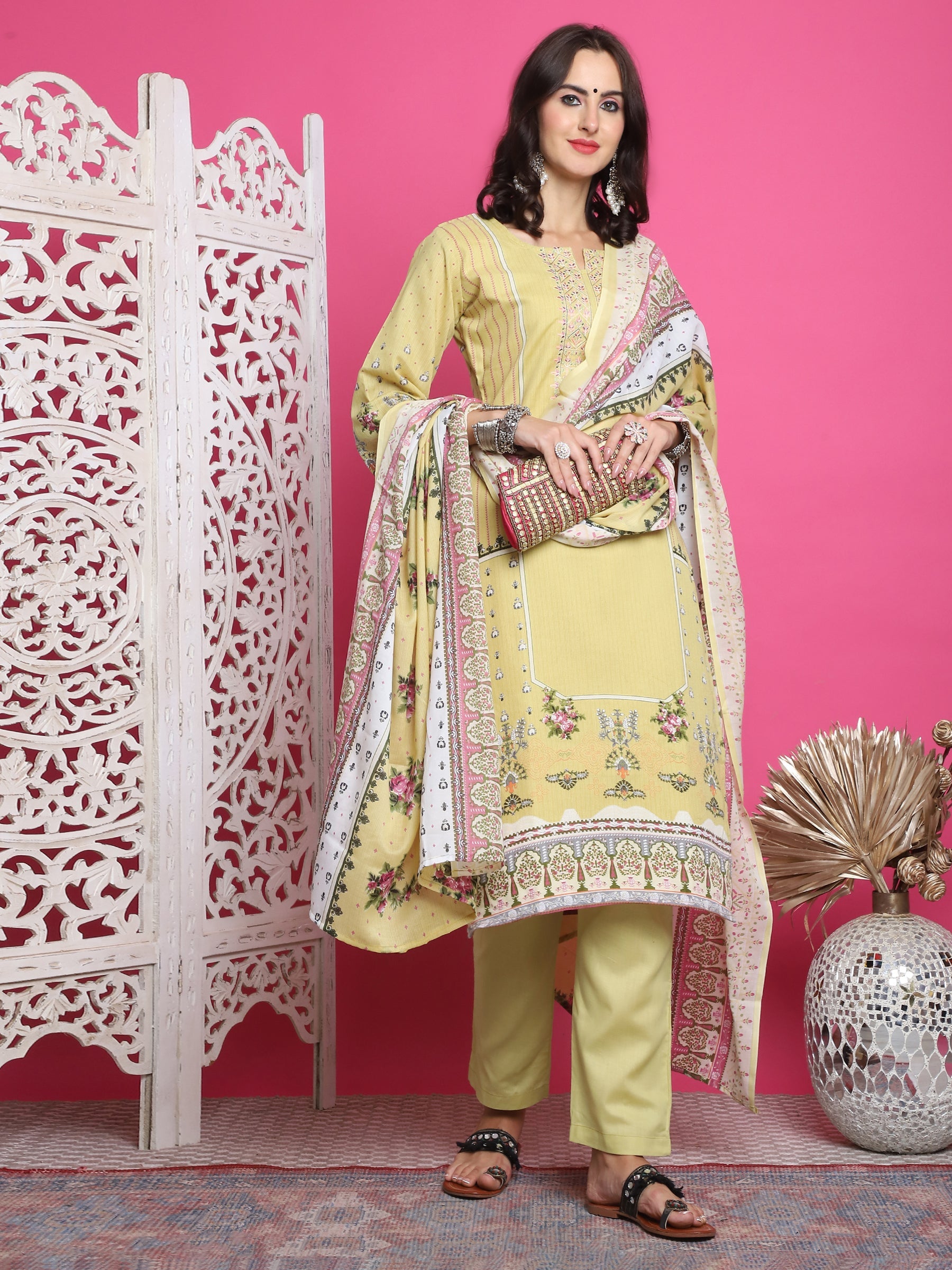 Jyoti Fashion Women's Lemon Yellow Cotton Floral Digital Print with Resham Thread Work Kurta with Trouser & Dupatta | Swadesiicart