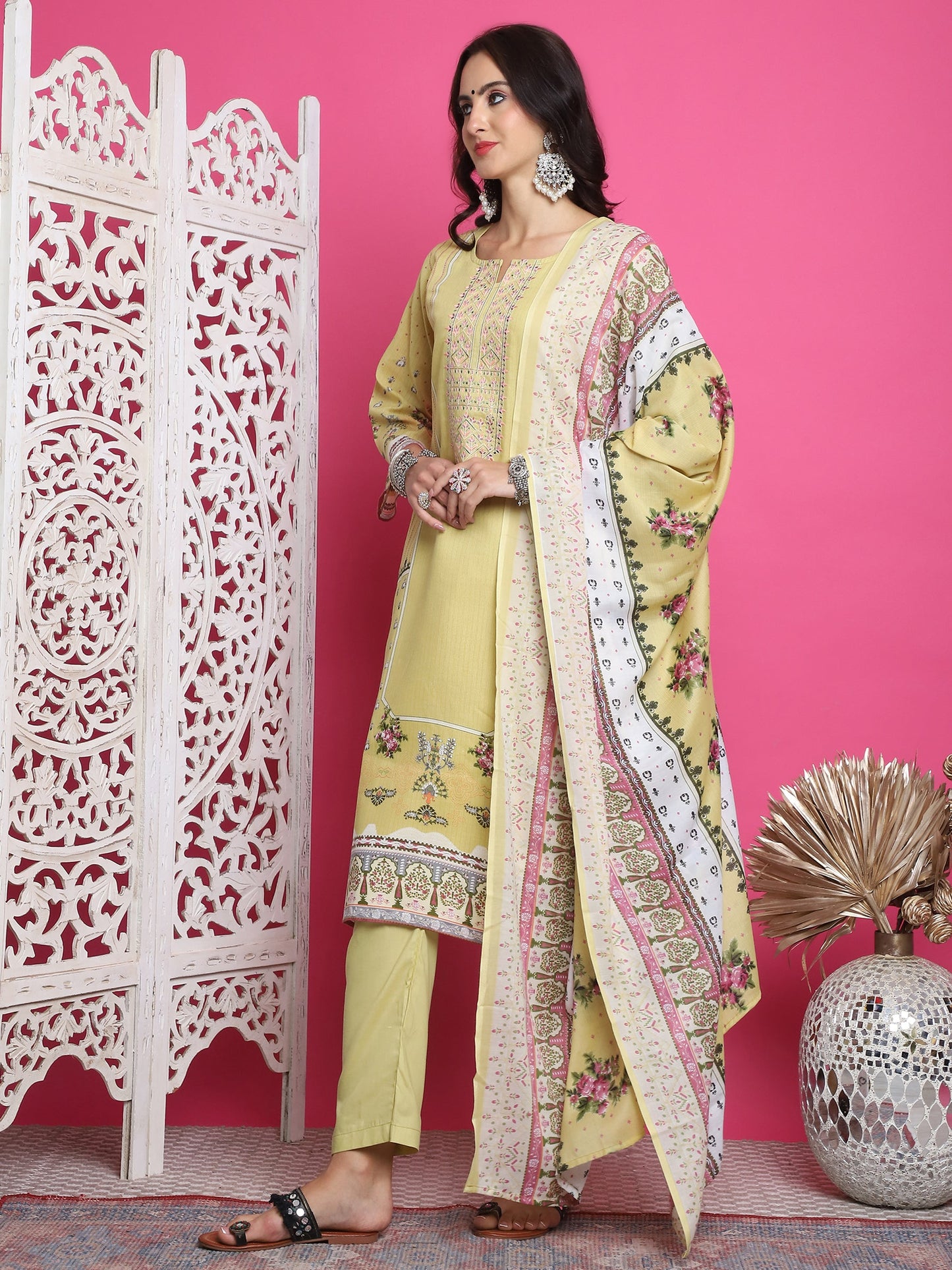 Jyoti Fashion Women's Lemon Yellow Cotton Floral Digital Print with Resham Thread Work Kurta with Trouser & Dupatta | Swadesiicart