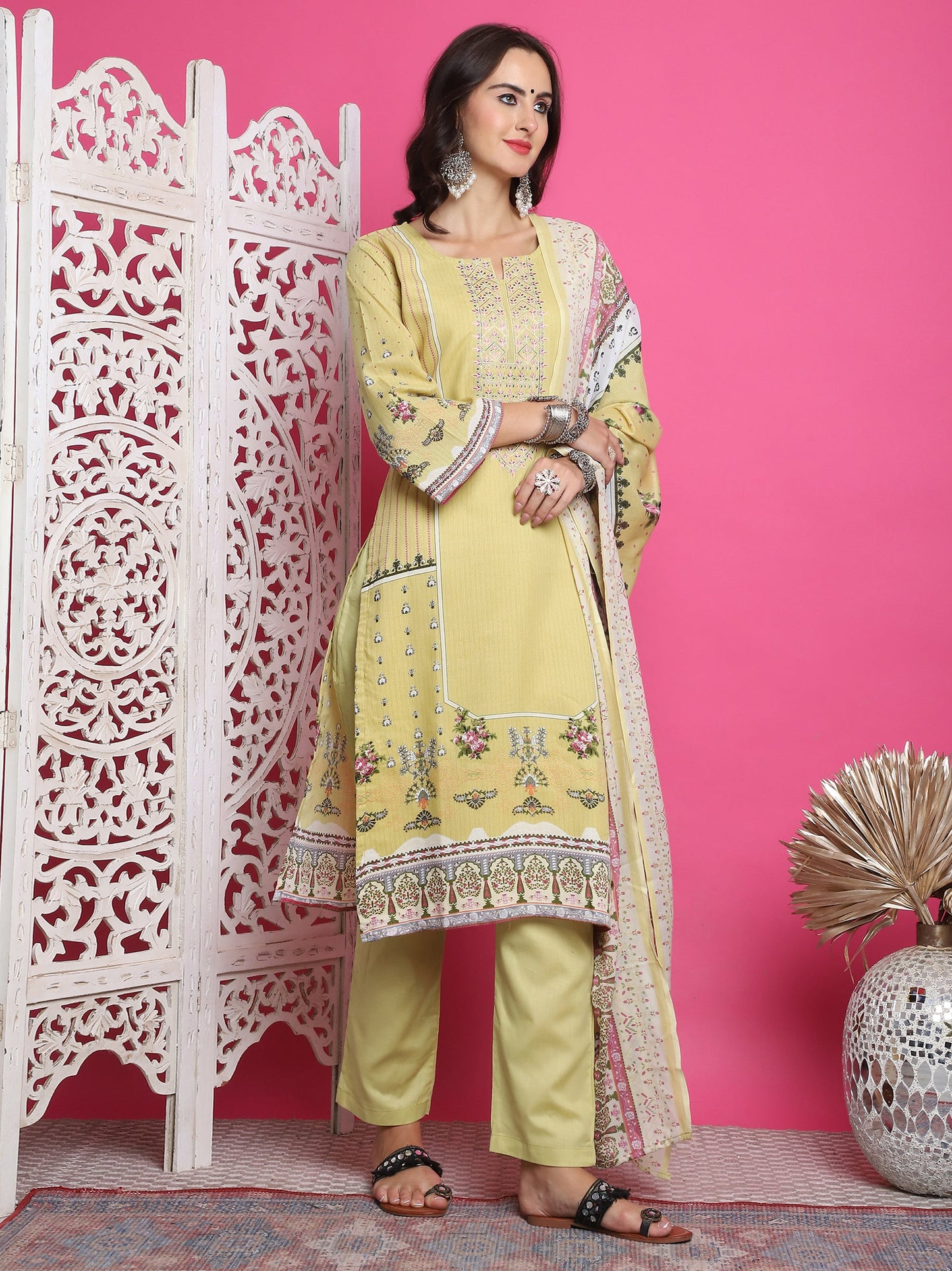 Jyoti Fashion Women's Lemon Yellow Cotton Floral Digital Print with Resham Thread Work Kurta with Trouser & Dupatta | Swadesiicart