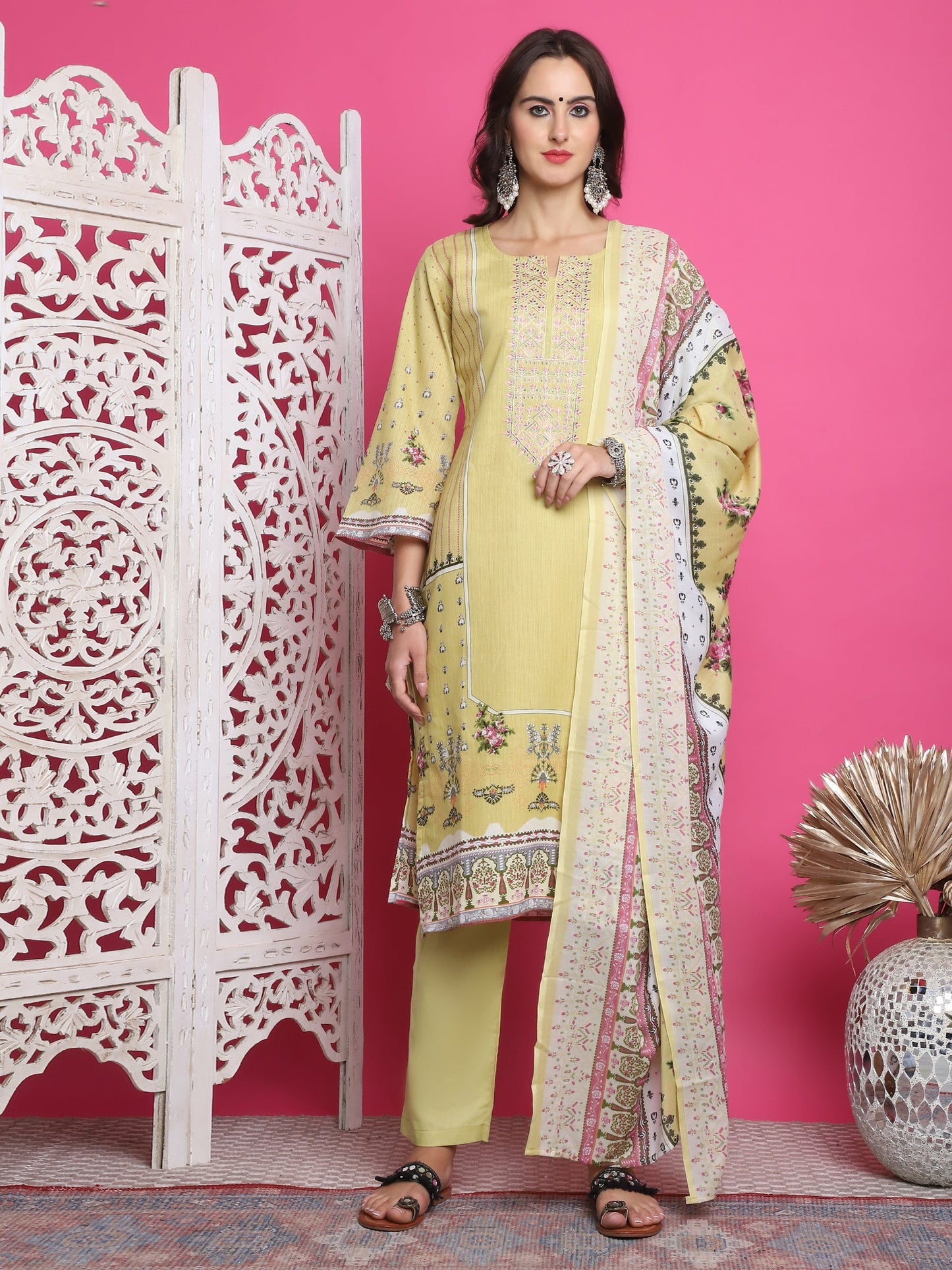 Jyoti Fashion Women's Lemon Yellow Cotton Floral Digital Print with Resham Thread Work Kurta with Trouser & Dupatta | Swadesiicart