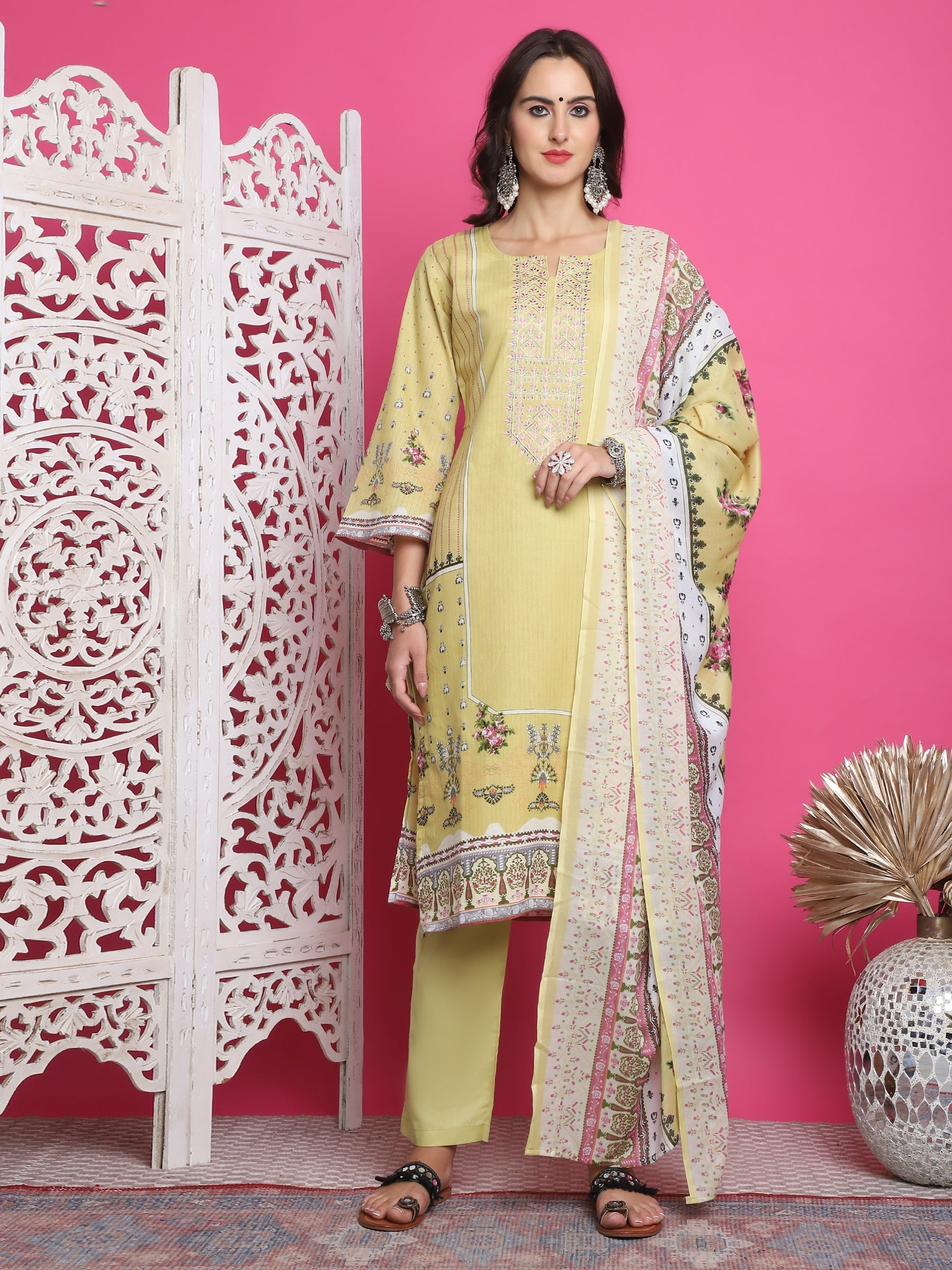 Jyoti Fashion Women's Lemon Yellow Cotton Floral Digital Print with Resham Thread Work Kurta with Trouser & Dupatta | Swadesiicart
