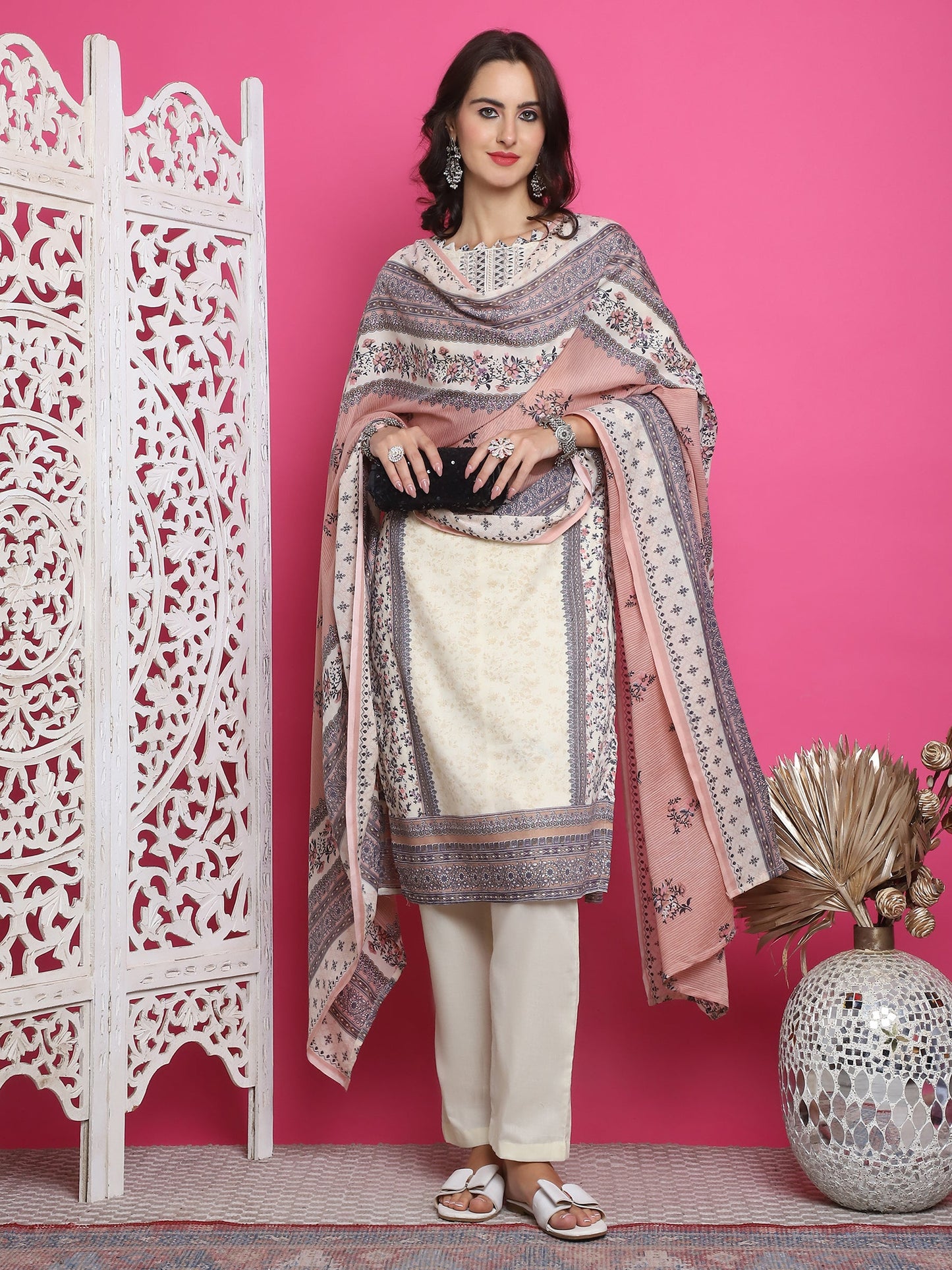 Jyoti Fashion Women's Cream Cotton Floral Digital Print with Resham Thread Work Kurta with Trouser & Dupatta | Swadesiicart