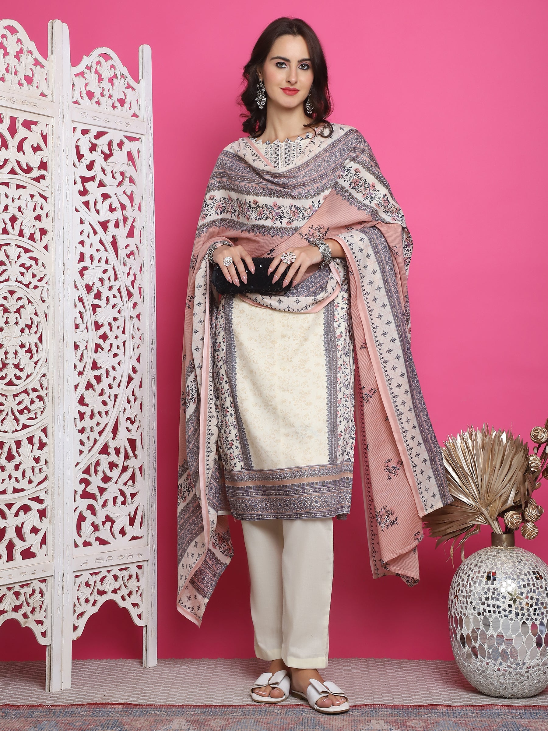 Jyoti Fashion Women's Cream Cotton Floral Digital Print with Resham Thread Work Kurta with Trouser & Dupatta | Swadesiicart