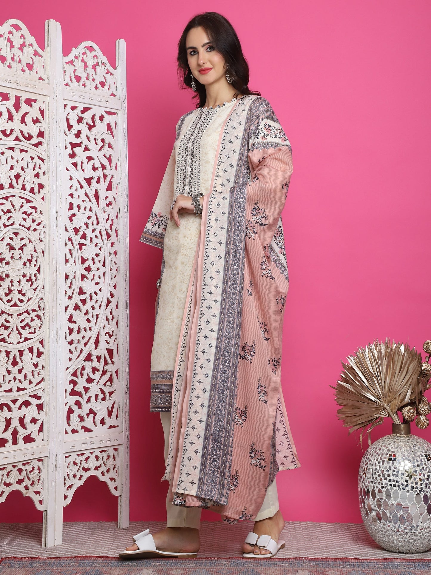 Jyoti Fashion Women's Cream Cotton Floral Digital Print with Resham Thread Work Kurta with Trouser & Dupatta | Swadesiicart