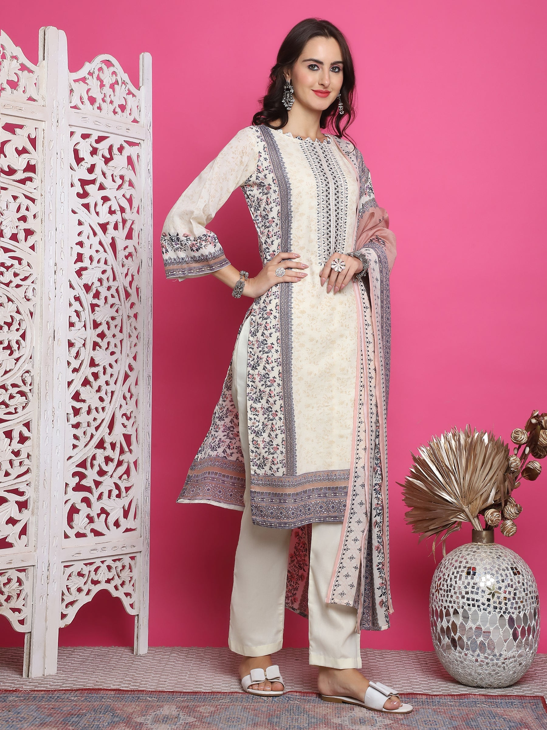 Jyoti Fashion Women's Cream Cotton Floral Digital Print with Resham Thread Work Kurta with Trouser & Dupatta | Swadesiicart