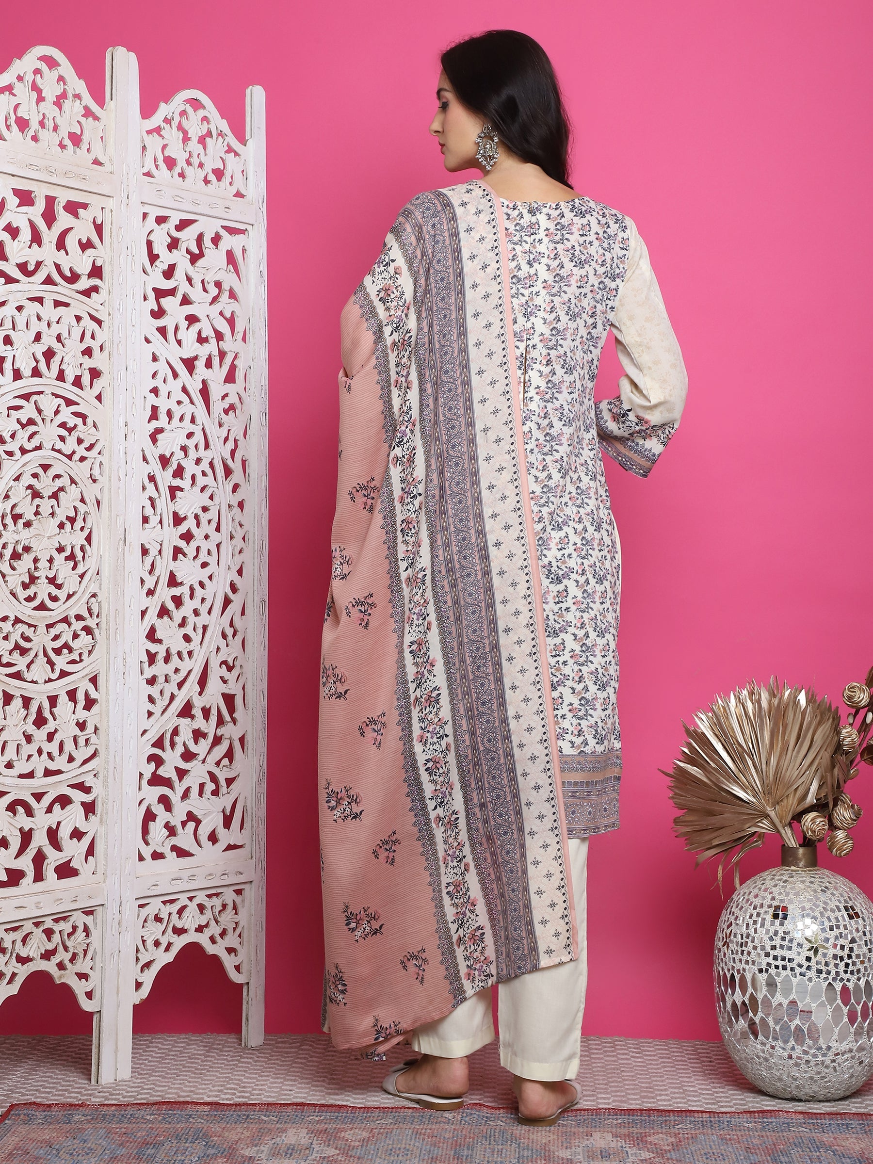 Jyoti Fashion Women's Cream Cotton Floral Digital Print with Resham Thread Work Kurta with Trouser & Dupatta | Swadesiicart