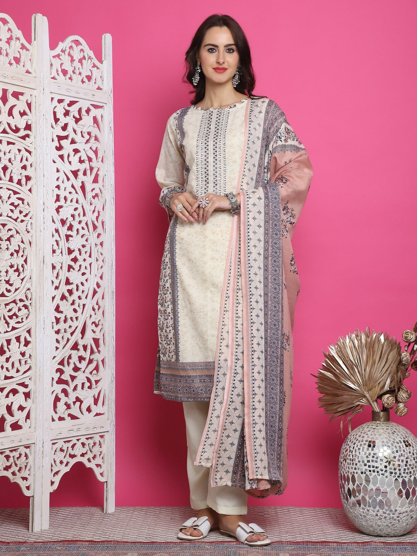Jyoti Fashion Women's Cream Cotton Floral Digital Print with Resham Thread Work Kurta with Trouser & Dupatta | Swadesiicart