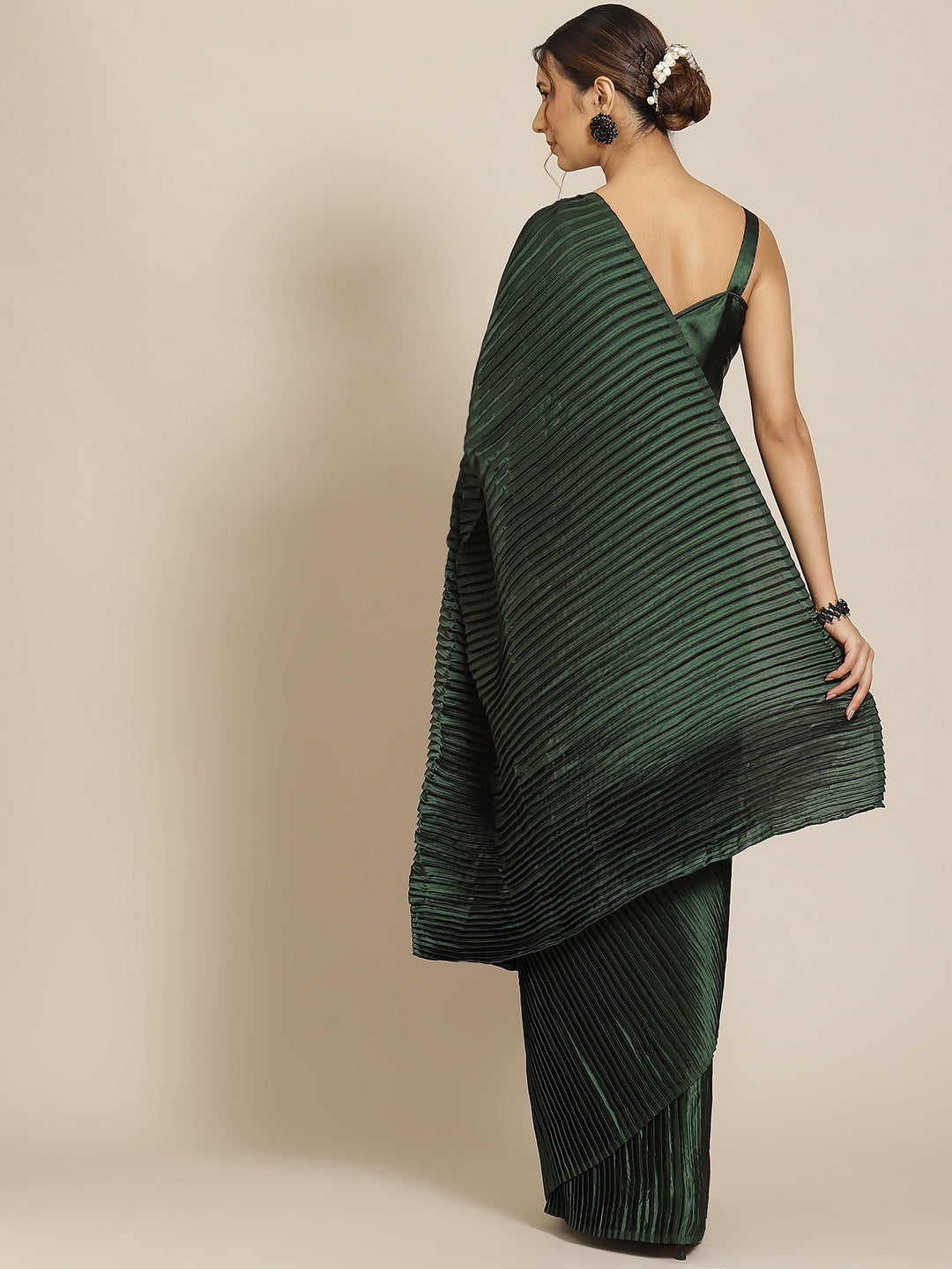 Jyoti Fashion Women's Green Satin Platted Work Designer Saree with Blouse | Swadesiicart