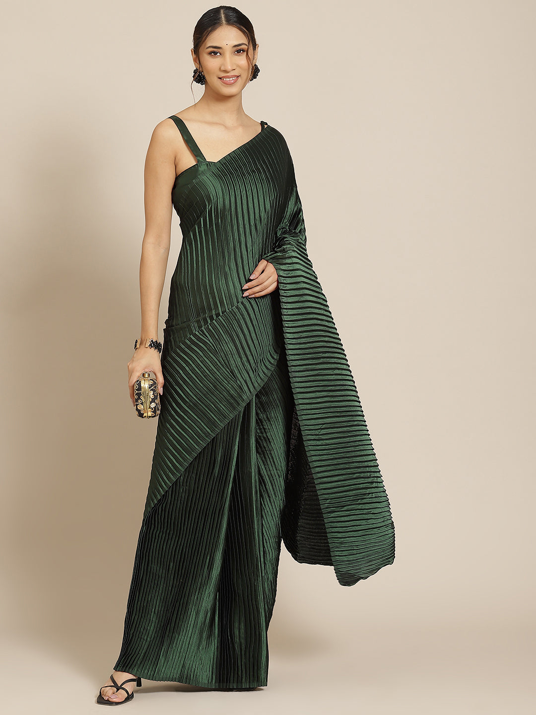 Jyoti Fashion Women's Green Satin Platted Work Designer Saree with Blouse | Swadesiicart