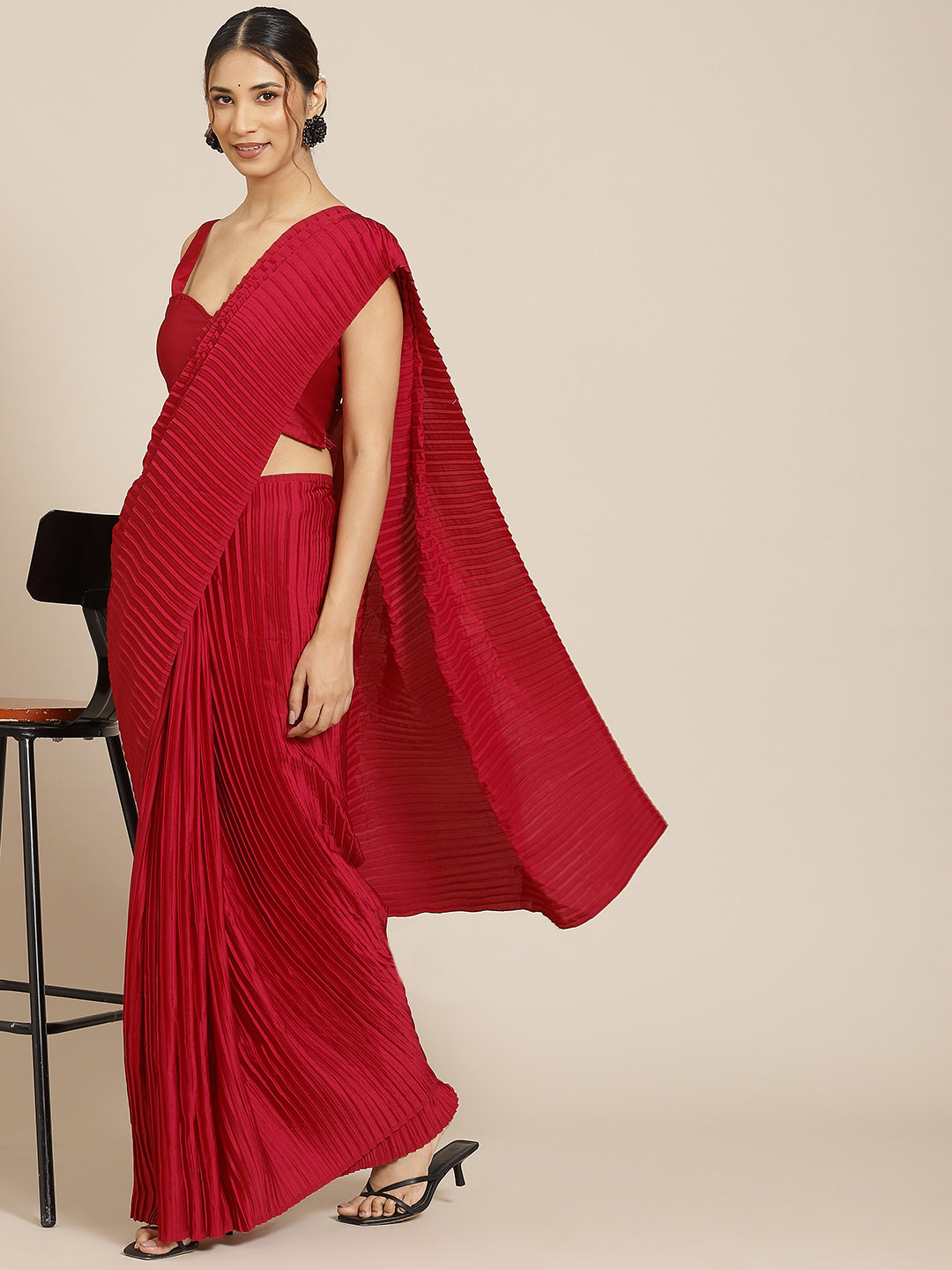 Jyoti Fashion Women's Red Satin Platted Work Designer Saree with Blouse | Swadesiicart