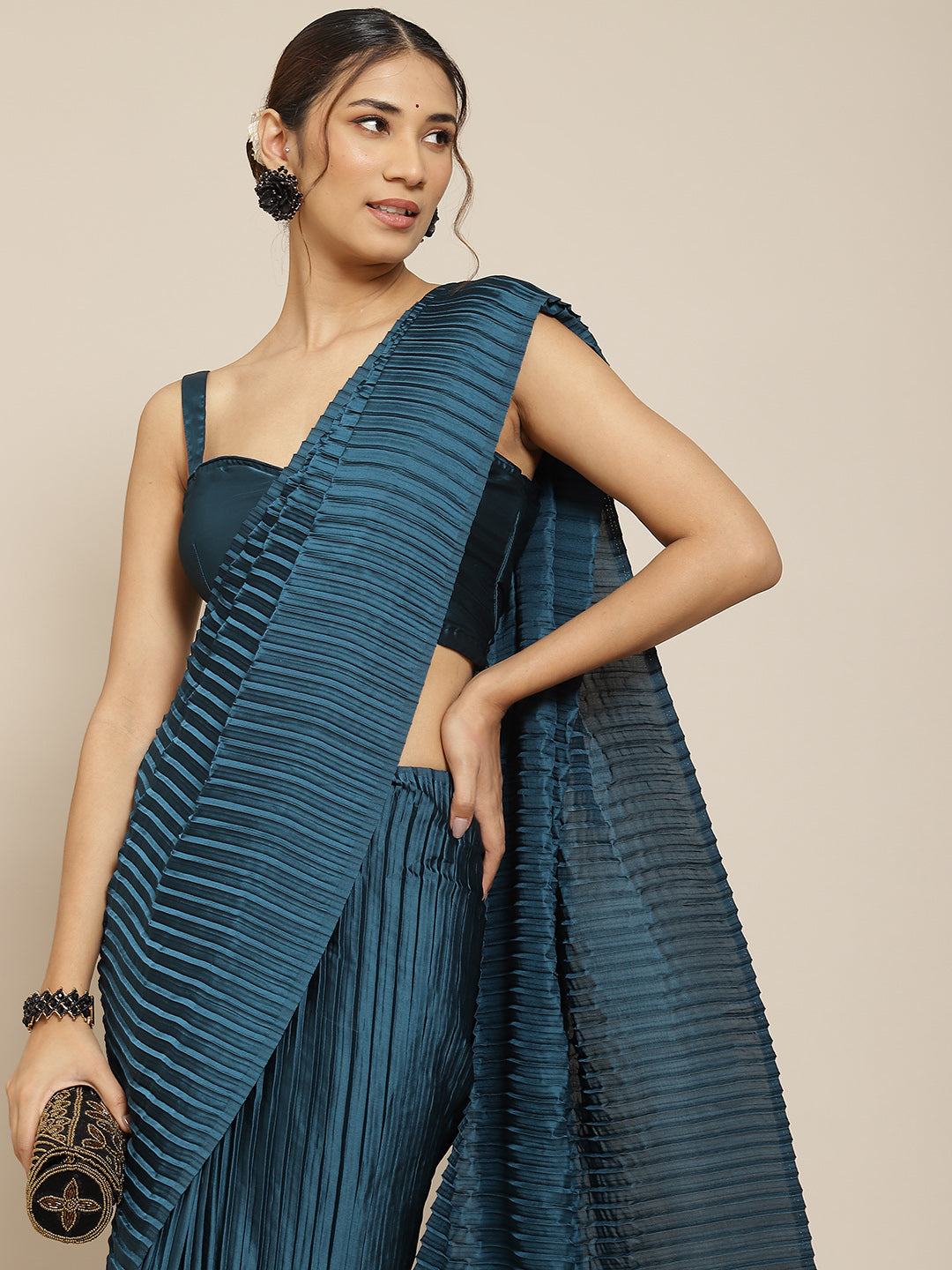 Jyoti Fashion Women's Blue Satin Platted Work Designer Saree with Blouse | Swadesiicart