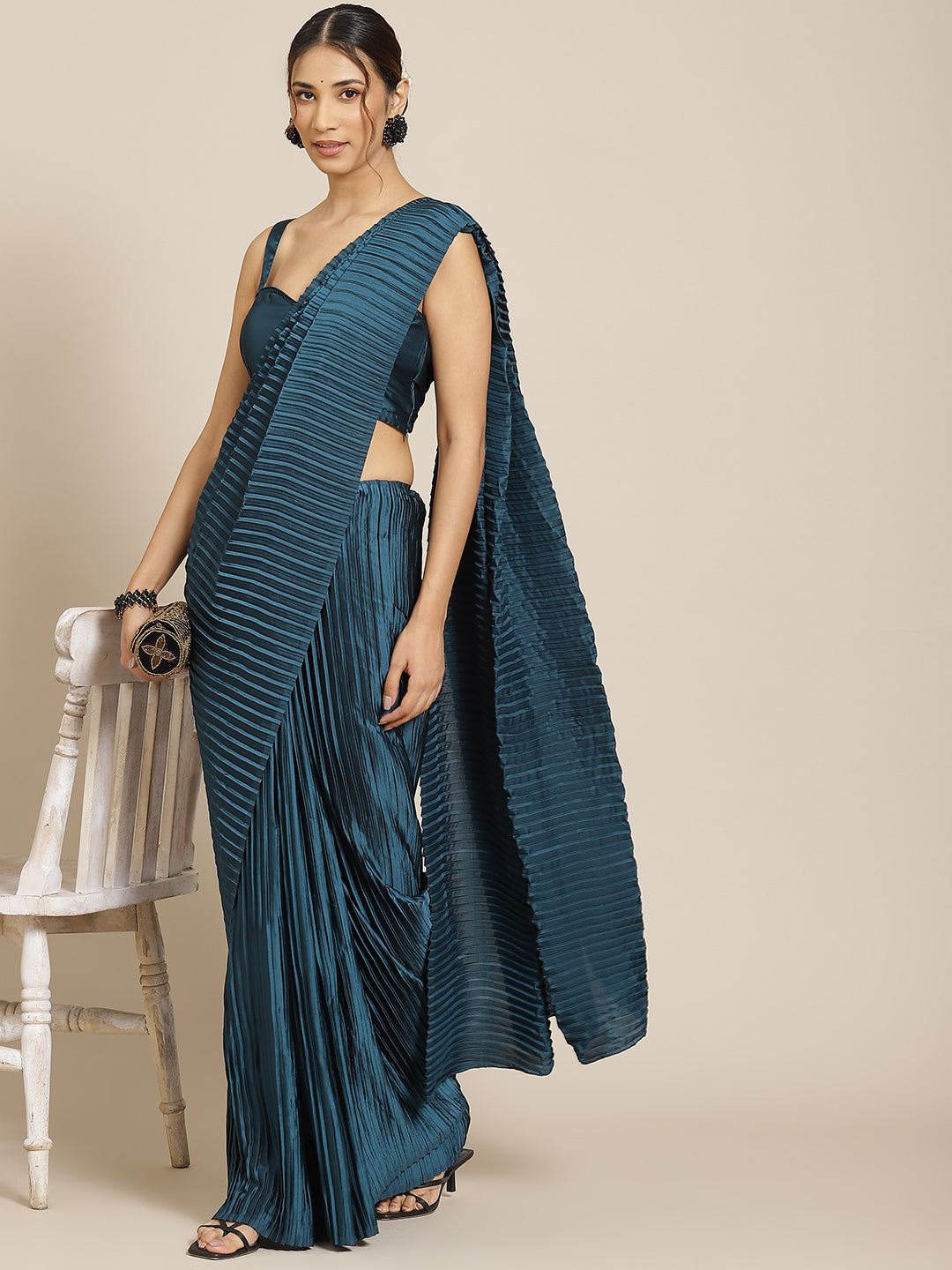 Jyoti Fashion Women's Blue Satin Platted Work Designer Saree with Blouse | Swadesiicart