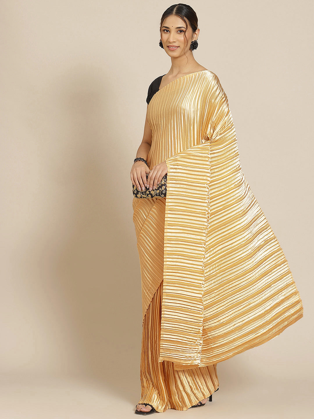 Jyoti Fashion Women's Gold Satin Platted Work Designer Saree with Blouse | Swadesiicart