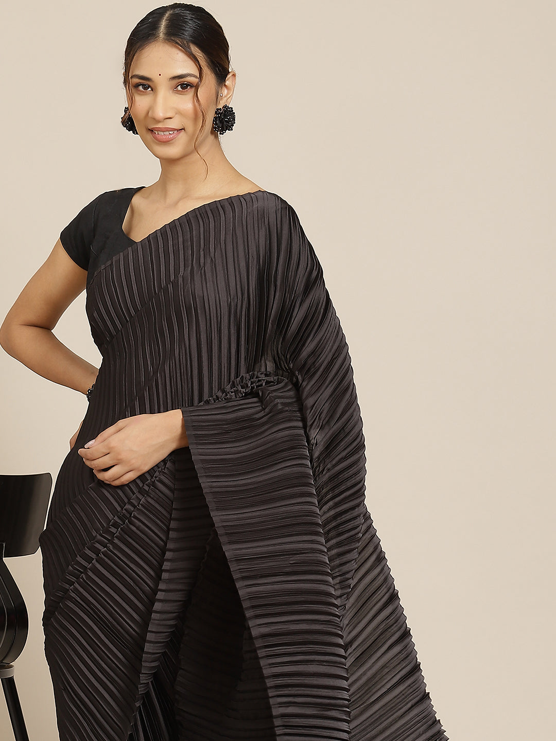 Jyoti Fashion Women's Black Satin Platted Work Designer Saree with Blouse | Swadesiicart