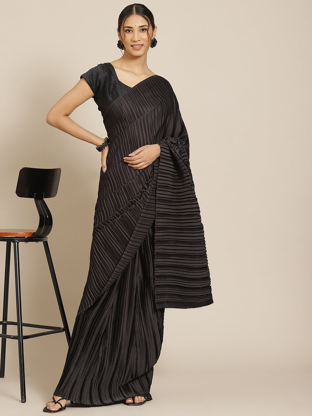 Jyoti Fashion Women's Black Satin Platted Work Designer Saree with Blouse | Swadesiicart