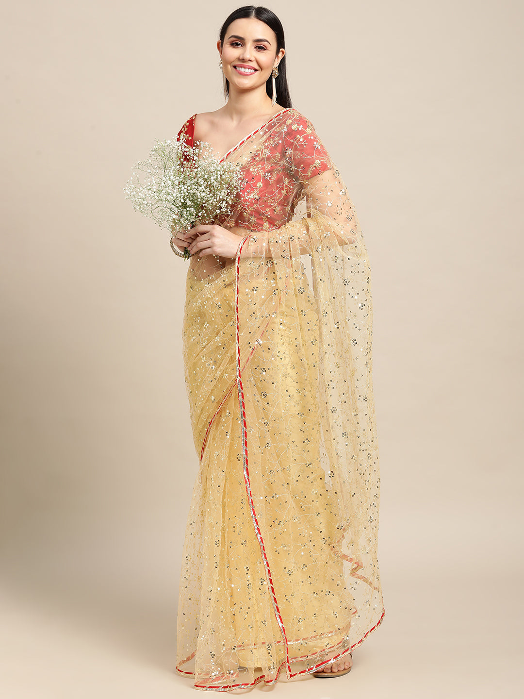 Jyoti Fashion Women's White Net Embroidered Designer Saree with Blouse | Swadesiicart