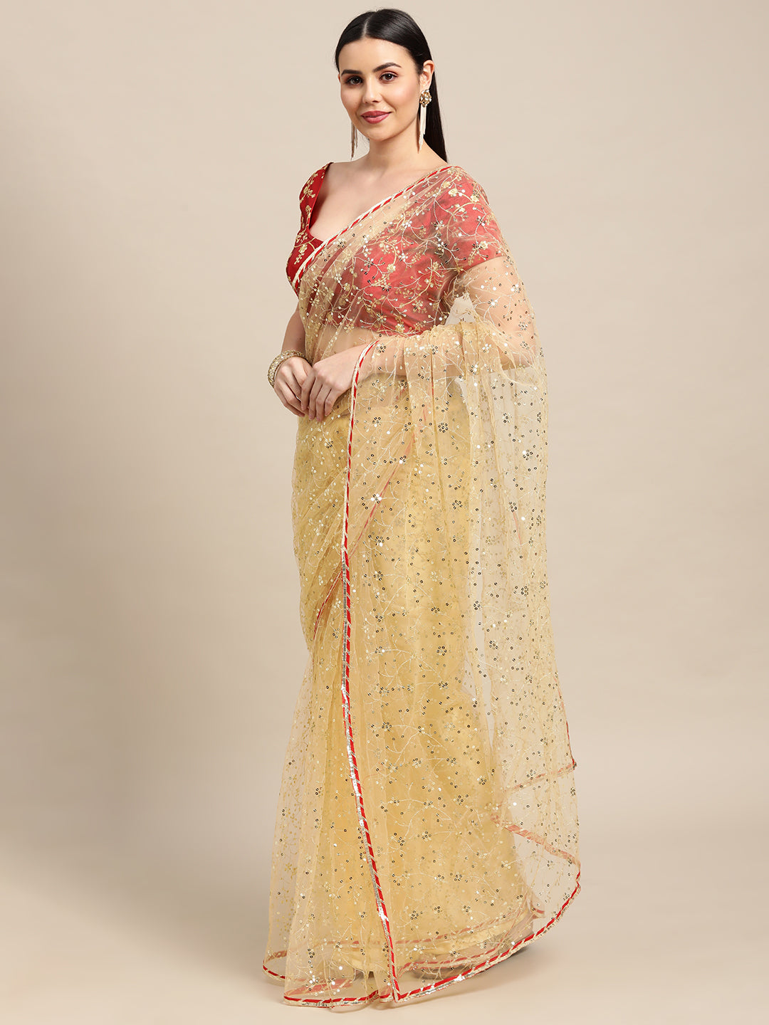 Jyoti Fashion Women's White Net Embroidered Designer Saree with Blouse | Swadesiicart
