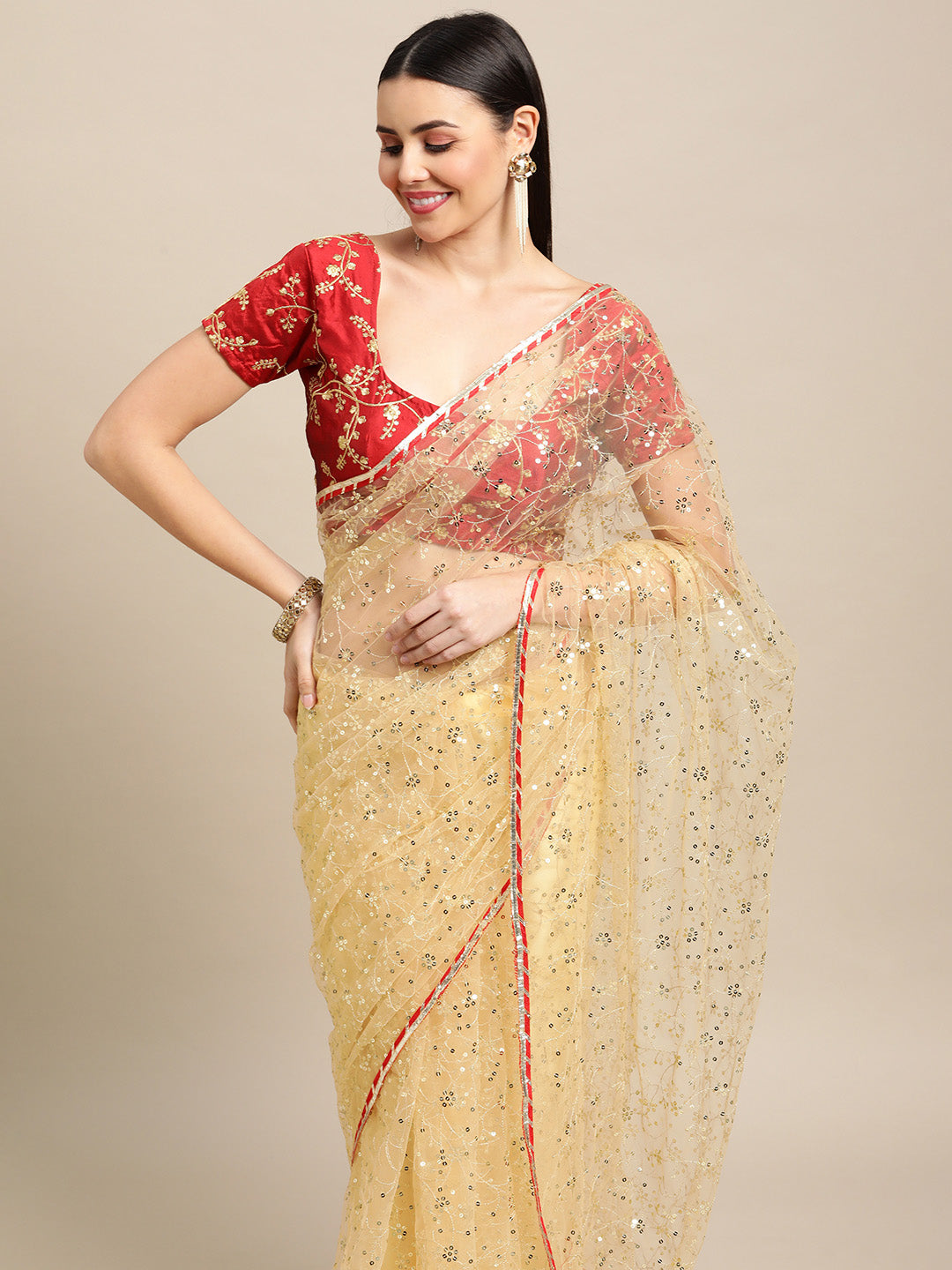 Jyoti Fashion Women's White Net Embroidered Designer Saree with Blouse | Swadesiicart