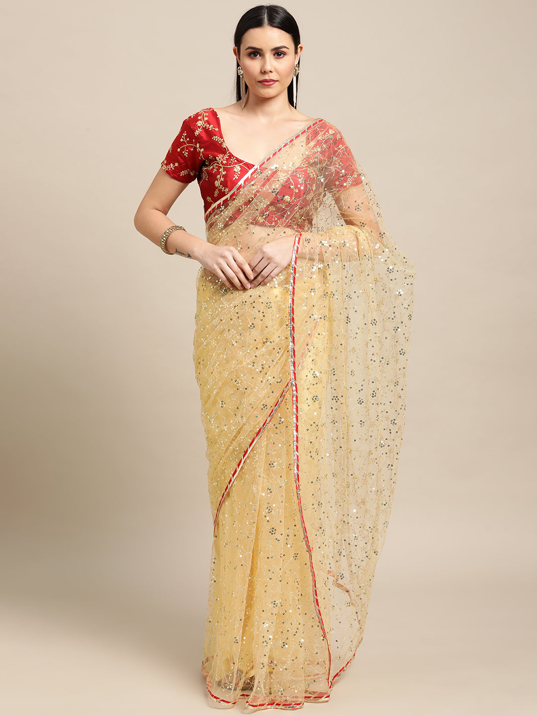 Jyoti Fashion Women's White Net Embroidered Designer Saree with Blouse | Swadesiicart