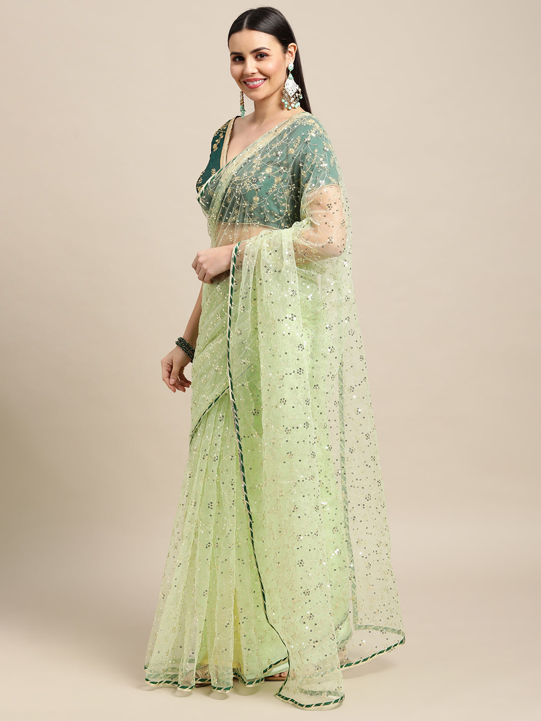 Jyoti Fashion Women's Green Net Embroidered Designer Saree with Blouse | Swadesiicart
