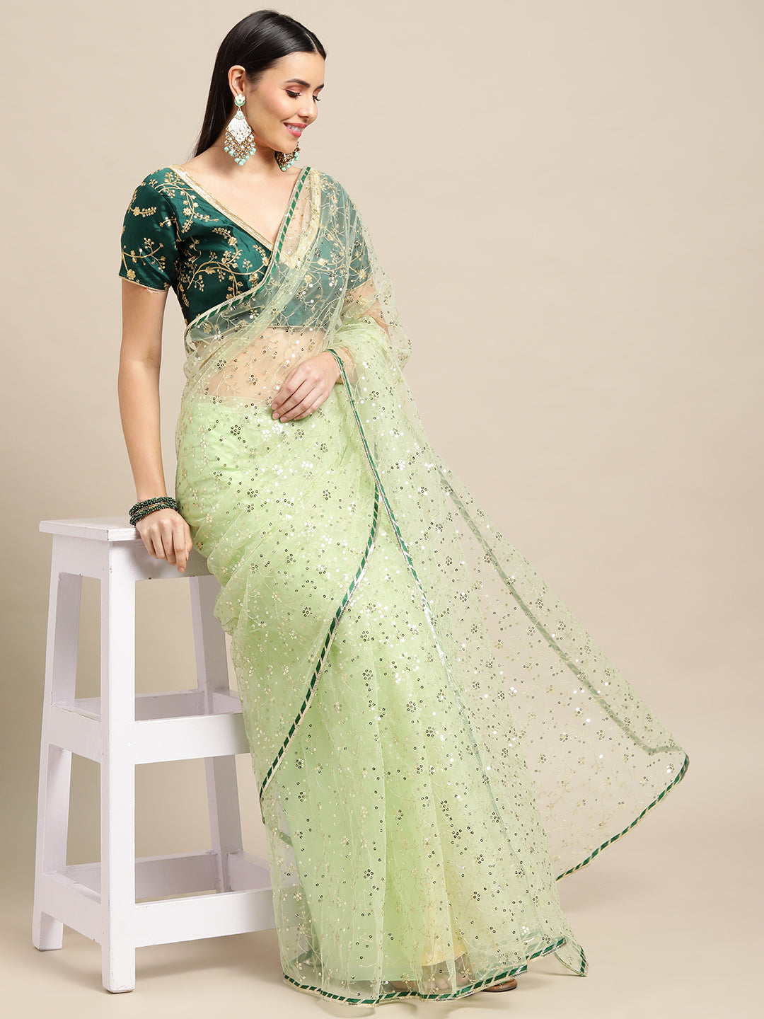 Jyoti Fashion Women's Green Net Embroidered Designer Saree with Blouse | Swadesiicart