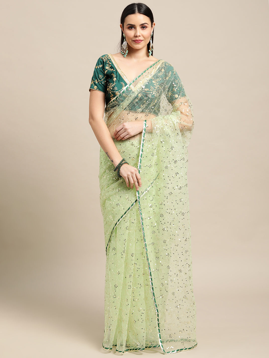 Jyoti Fashion Women's Green Net Embroidered Designer Saree with Blouse | Swadesiicart