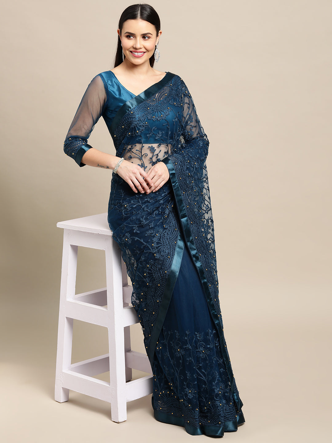Jyoti Fashion Women's Blue Net Embroidered Designer Saree with Blouse | Swadesiicart