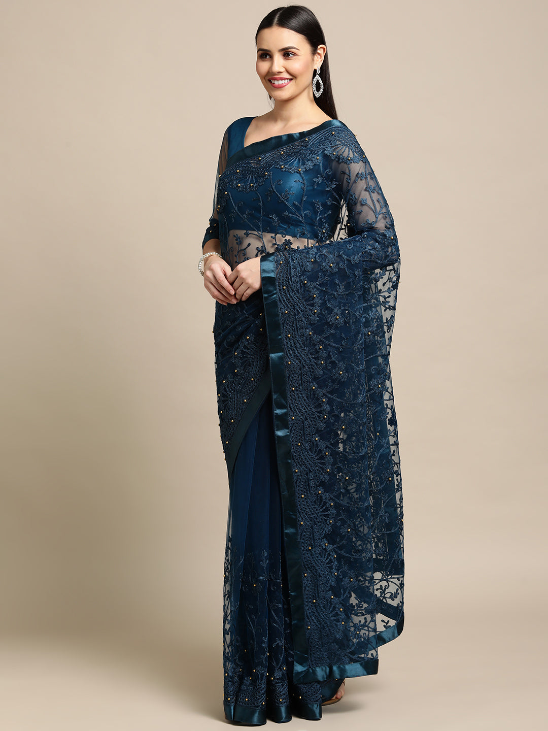 Jyoti Fashion Women's Blue Net Embroidered Designer Saree with Blouse | Swadesiicart