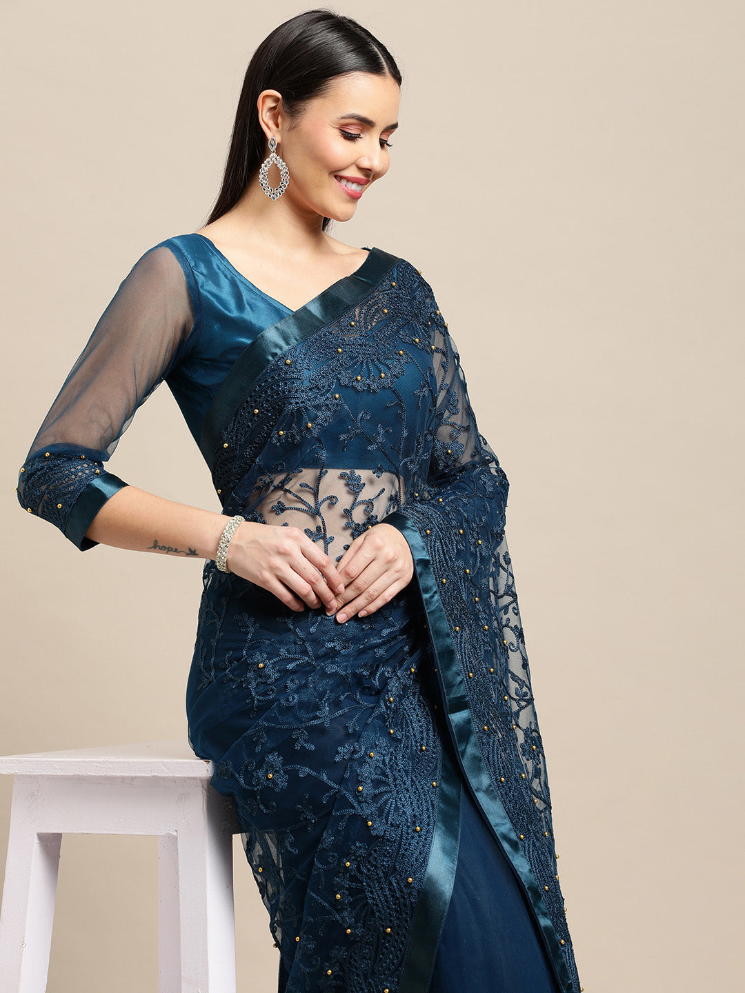 Jyoti Fashion Women's Blue Net Embroidered Designer Saree with Blouse | Swadesiicart