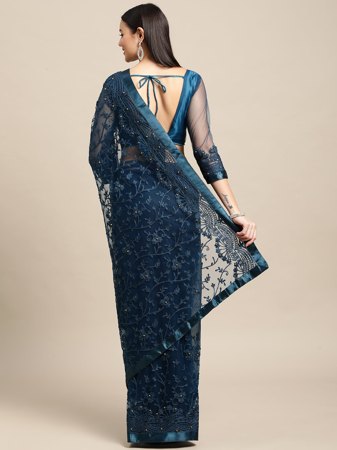 Jyoti Fashion Women's Blue Net Embroidered Designer Saree with Blouse | Swadesiicart