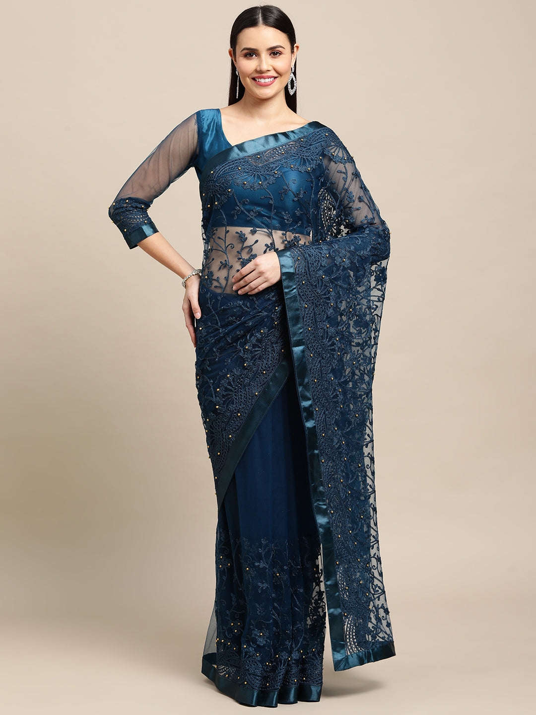 Jyoti Fashion Women's Blue Net Embroidered Designer Saree with Blouse | Swadesiicart