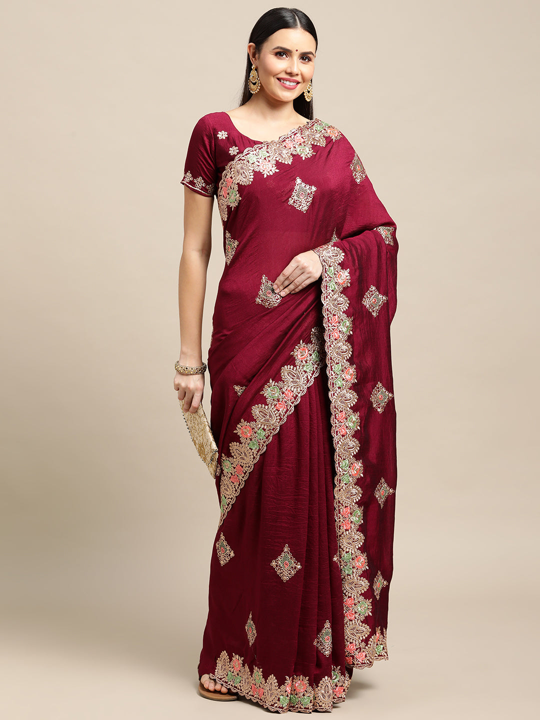 Jyoti Fashion Women's Purple Silk Blend Embroidered Designer Saree with Blouse | Swadesiicart