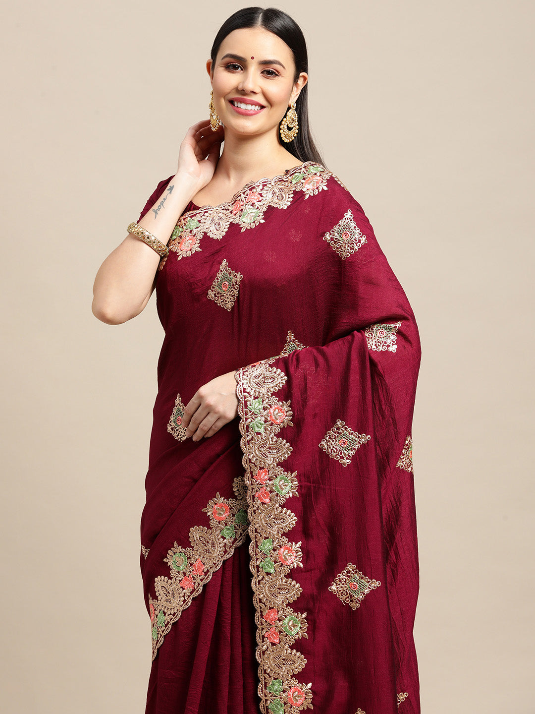 Jyoti Fashion Women's Purple Silk Blend Embroidered Designer Saree with Blouse | Swadesiicart