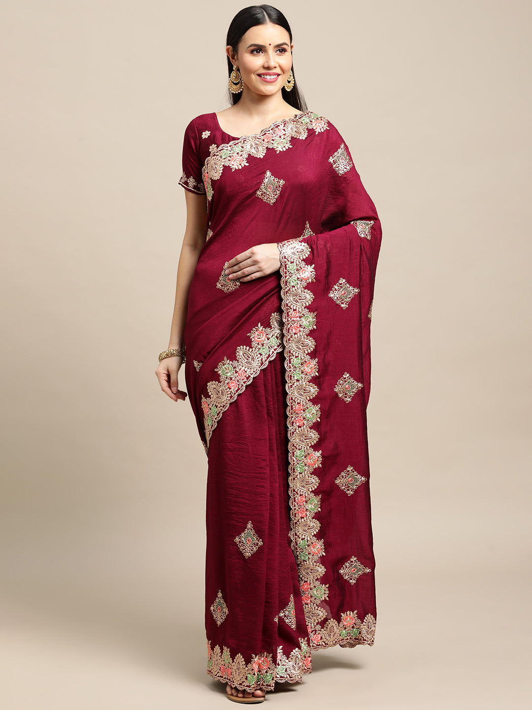 Jyoti Fashion Women's Purple Silk Blend Embroidered Designer Saree with Blouse | Swadesiicart