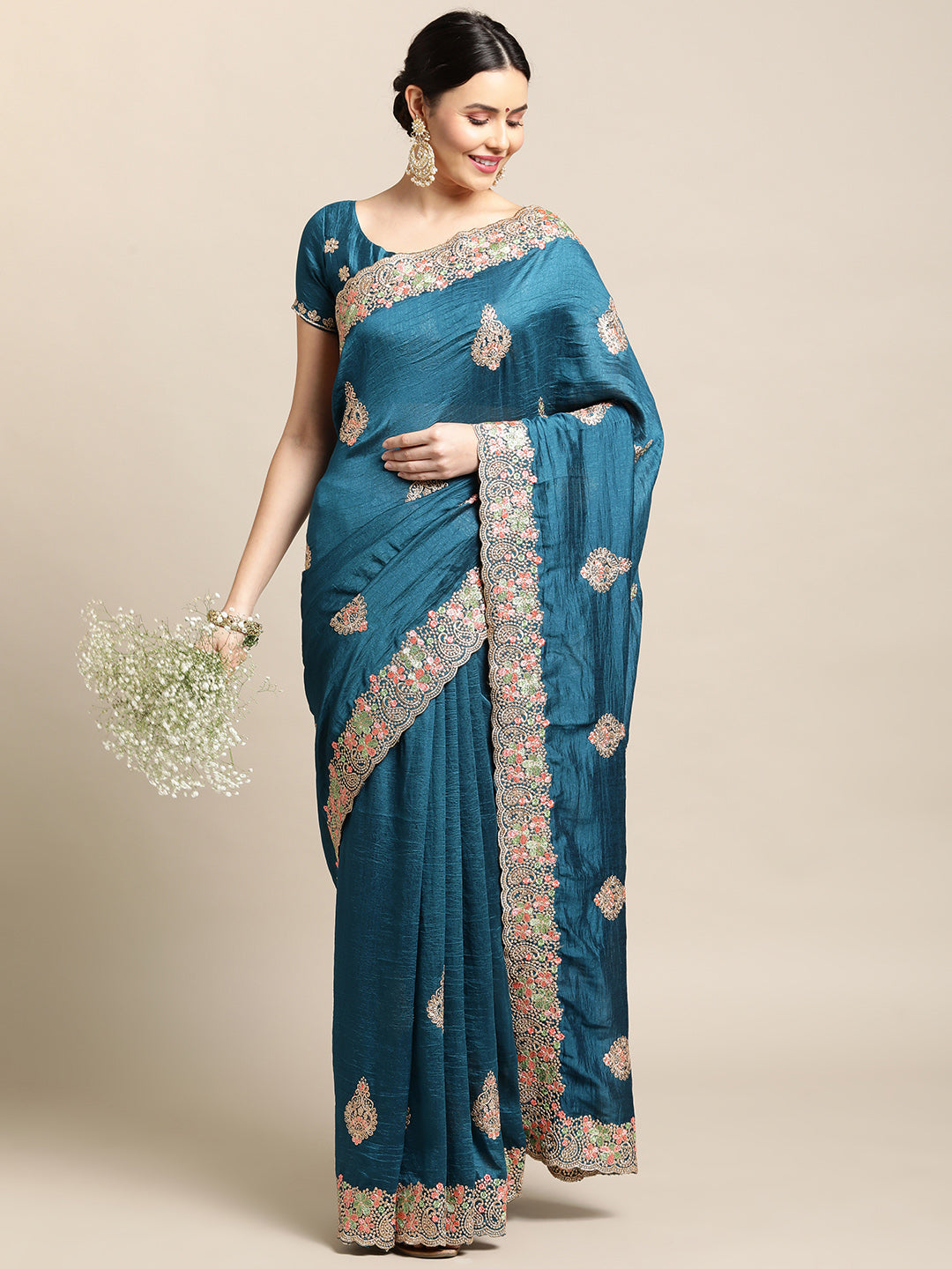 Jyoti Fashion Women's Blue Silk Blend Embroidered Designer Saree with Blouse | Swadesiicart