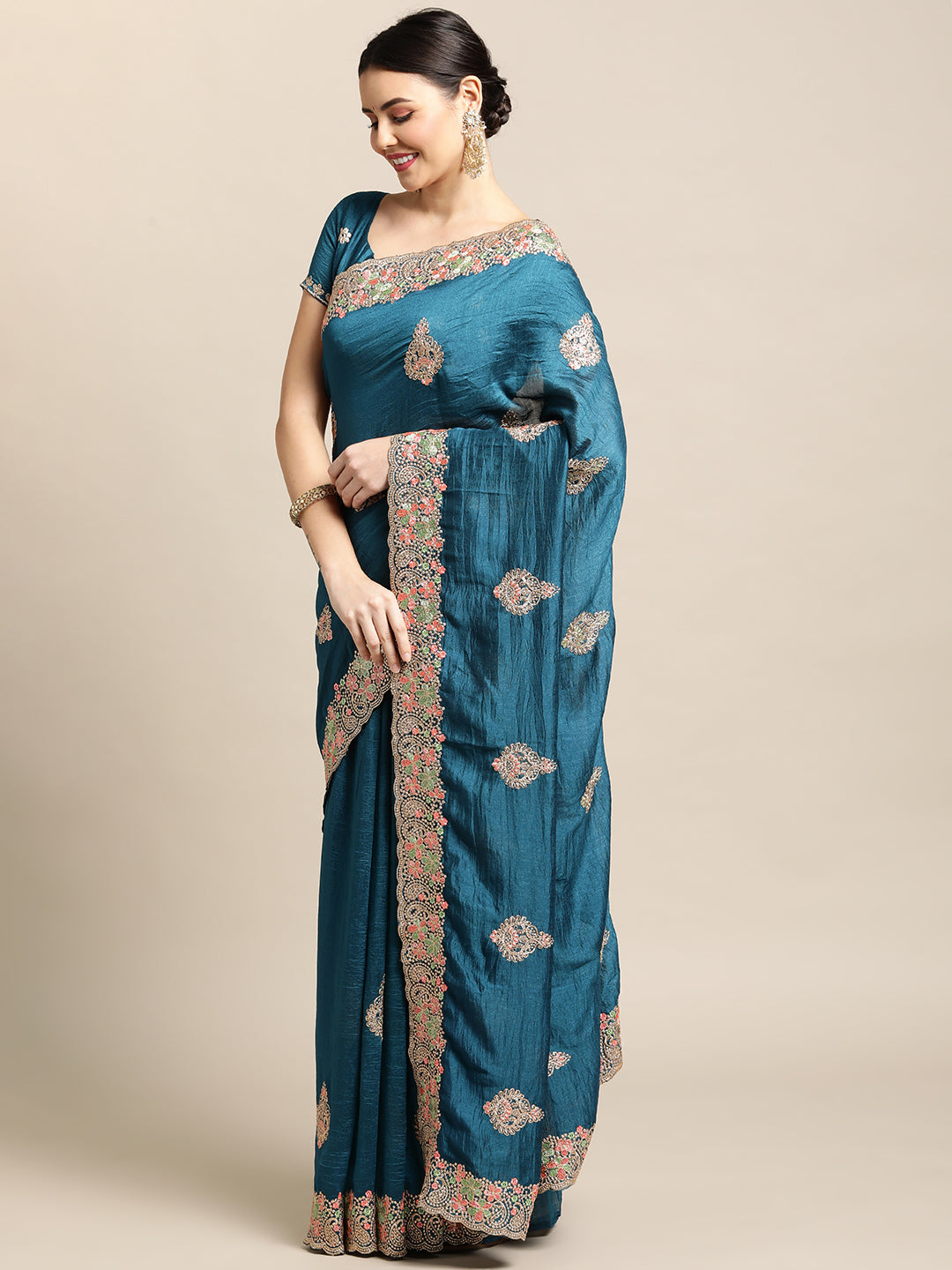 Jyoti Fashion Women's Blue Silk Blend Embroidered Designer Saree with Blouse | Swadesiicart