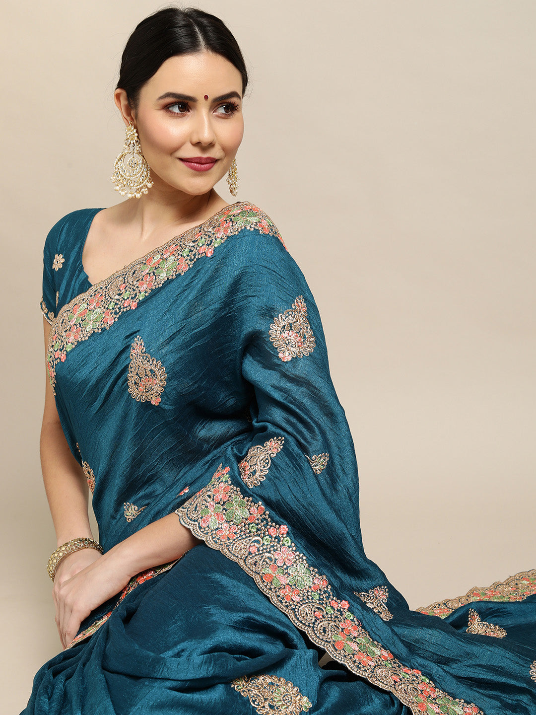 Jyoti Fashion Women's Blue Silk Blend Embroidered Designer Saree with Blouse | Swadesiicart