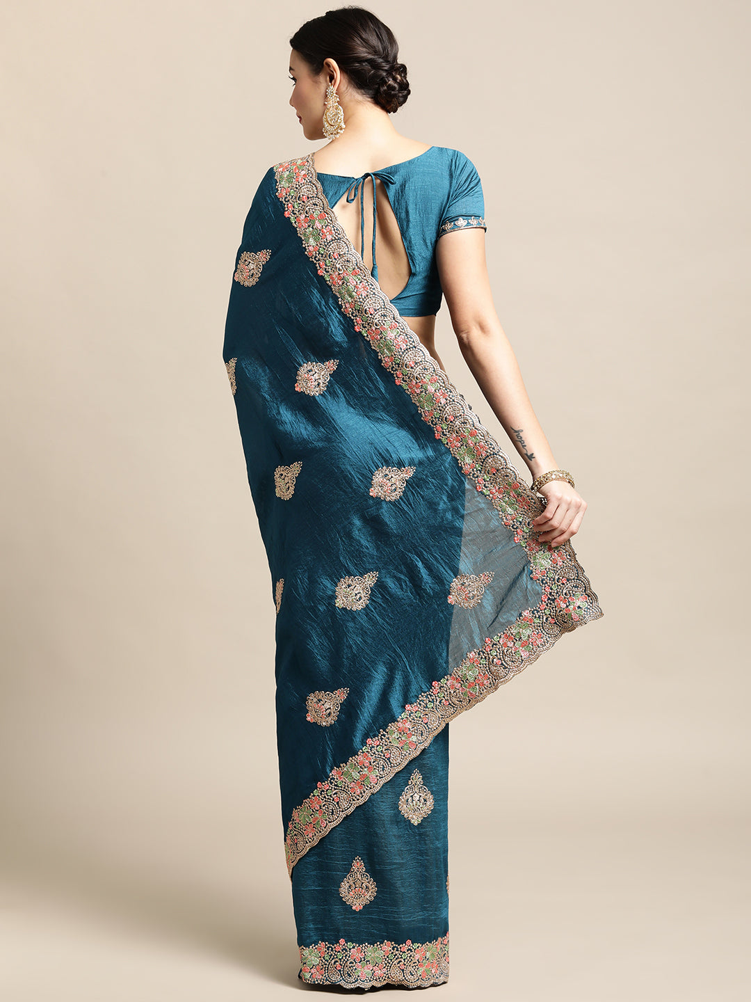 Jyoti Fashion Women's Blue Silk Blend Embroidered Designer Saree with Blouse | Swadesiicart