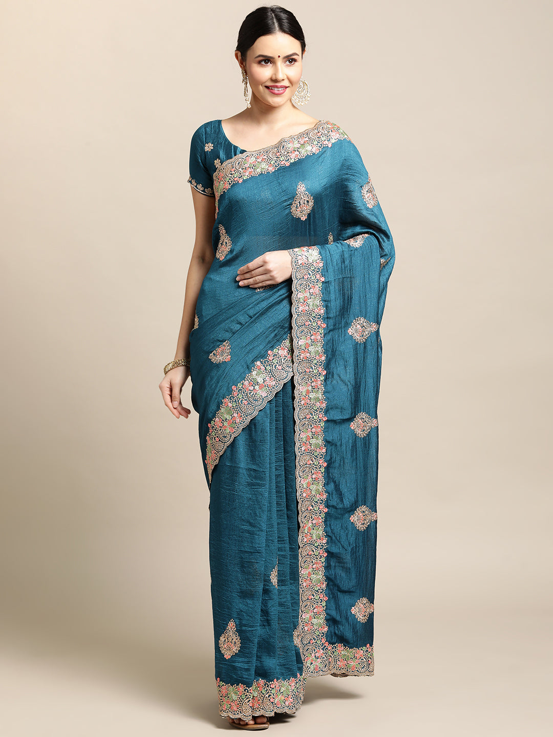 Jyoti Fashion Women's Blue Silk Blend Embroidered Designer Saree with Blouse | Swadesiicart