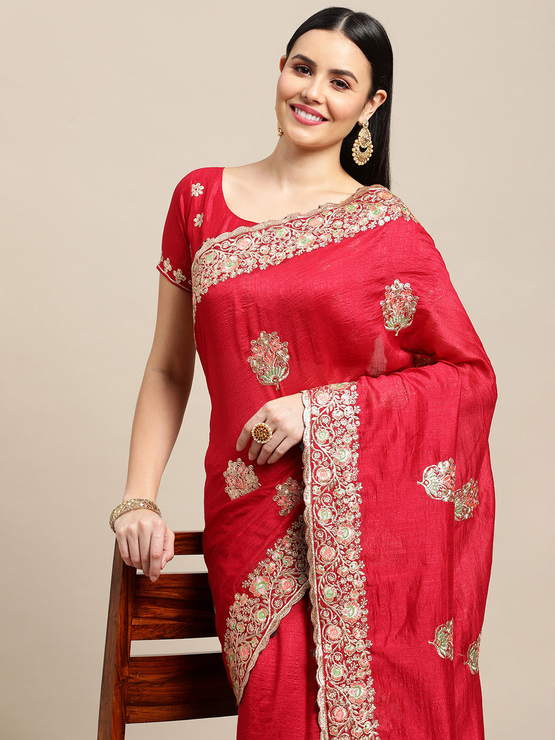 Jyoti Fashion Women's Pink Silk Blend Embroidered Designer Saree with Blouse | Swadesiicart