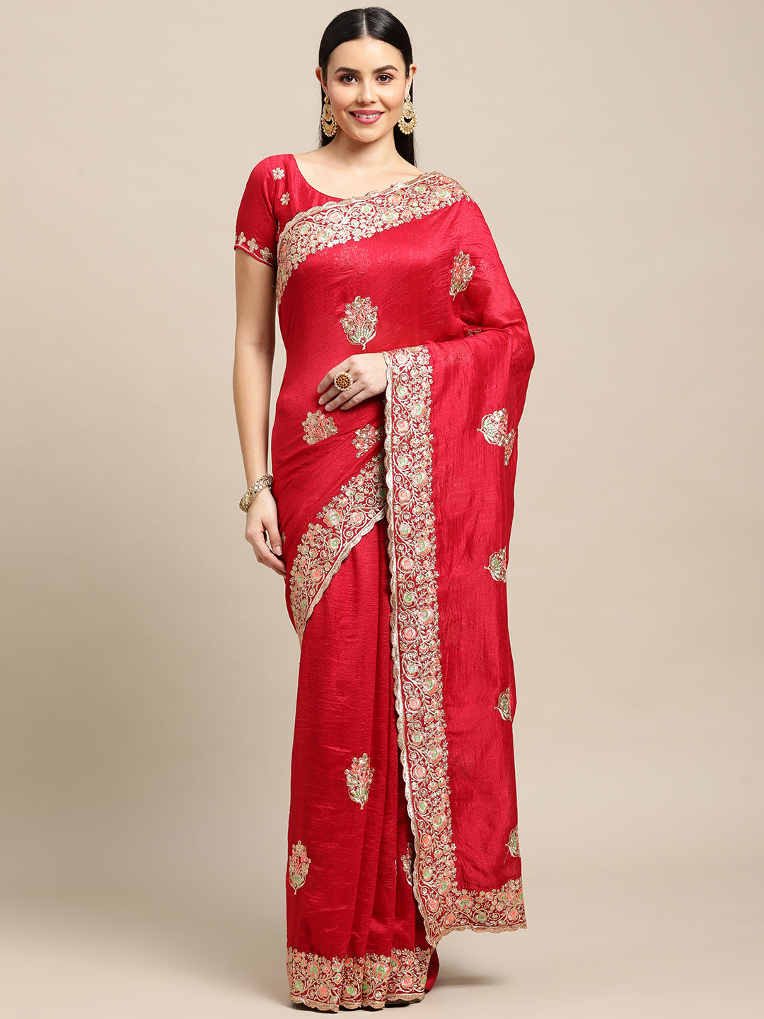 Jyoti Fashion Women's Pink Silk Blend Embroidered Designer Saree with Blouse | Swadesiicart