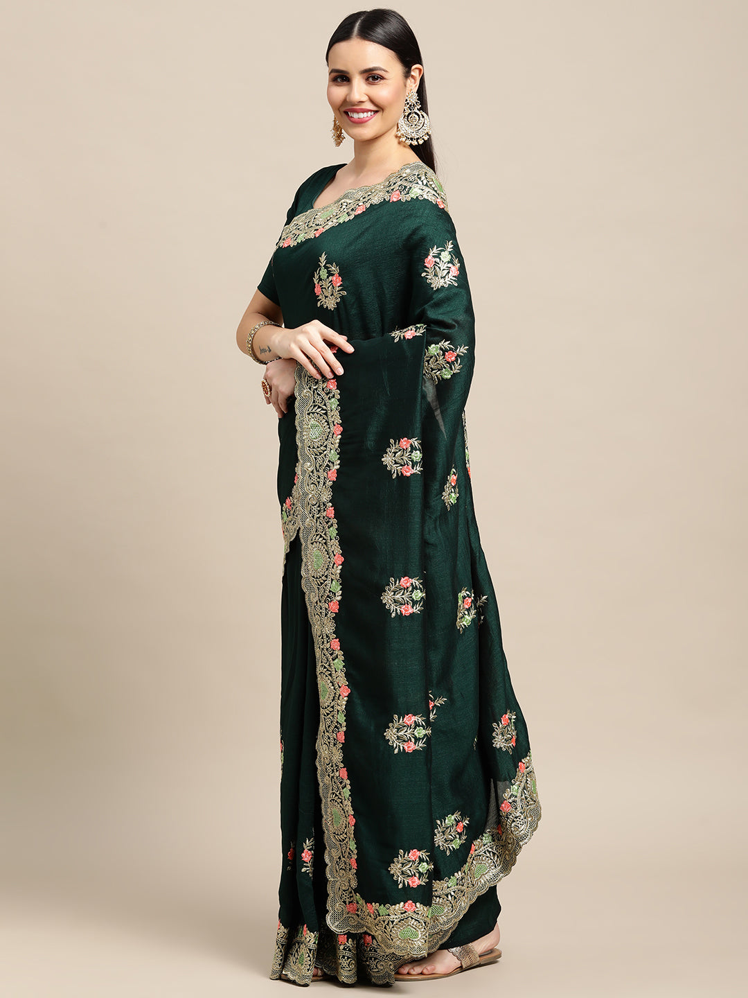 Jyoti Fashion Women's Green Silk Blend Embroidered Designer Saree with Blouse | Swadesiicart