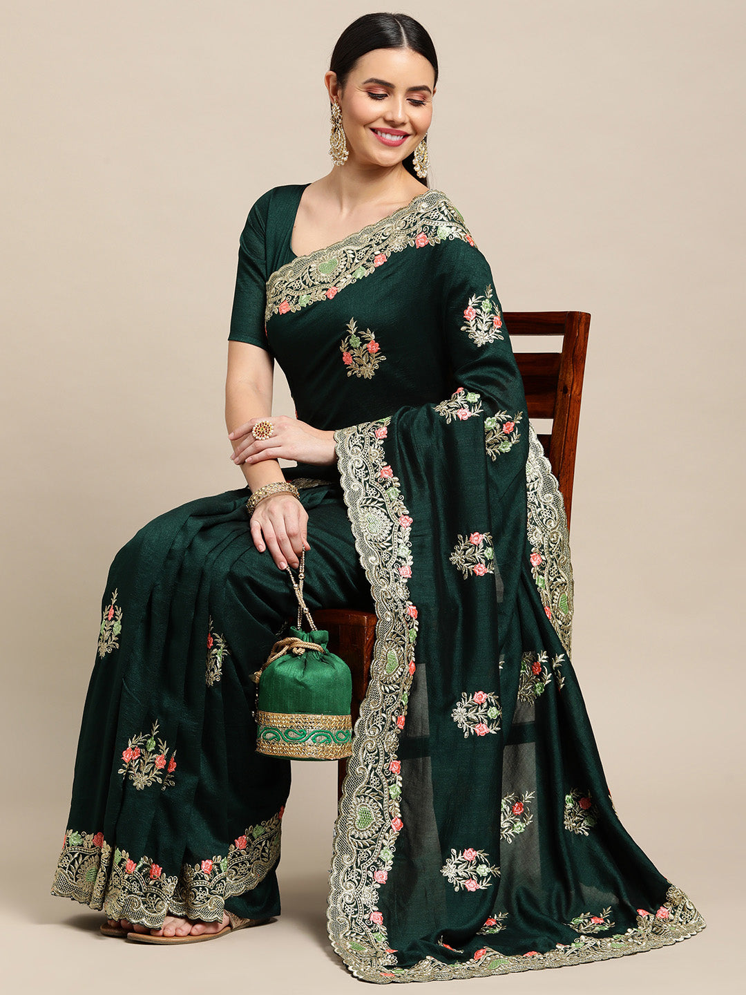 Jyoti Fashion Women's Green Silk Blend Embroidered Designer Saree with Blouse | Swadesiicart