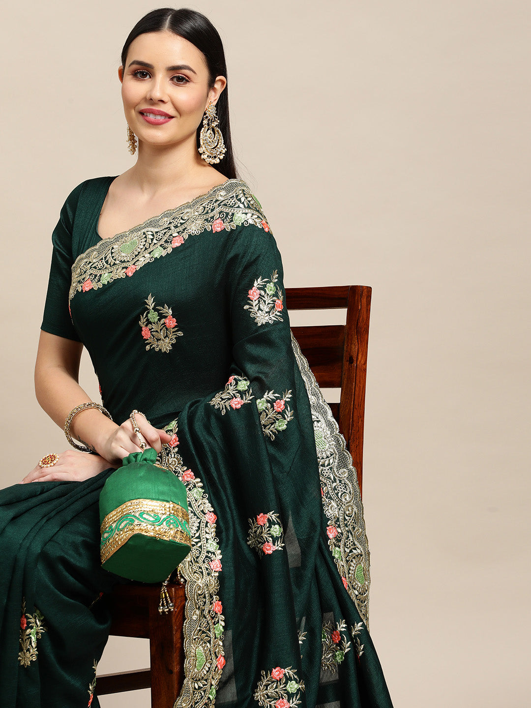 Jyoti Fashion Women's Green Silk Blend Embroidered Designer Saree with Blouse | Swadesiicart