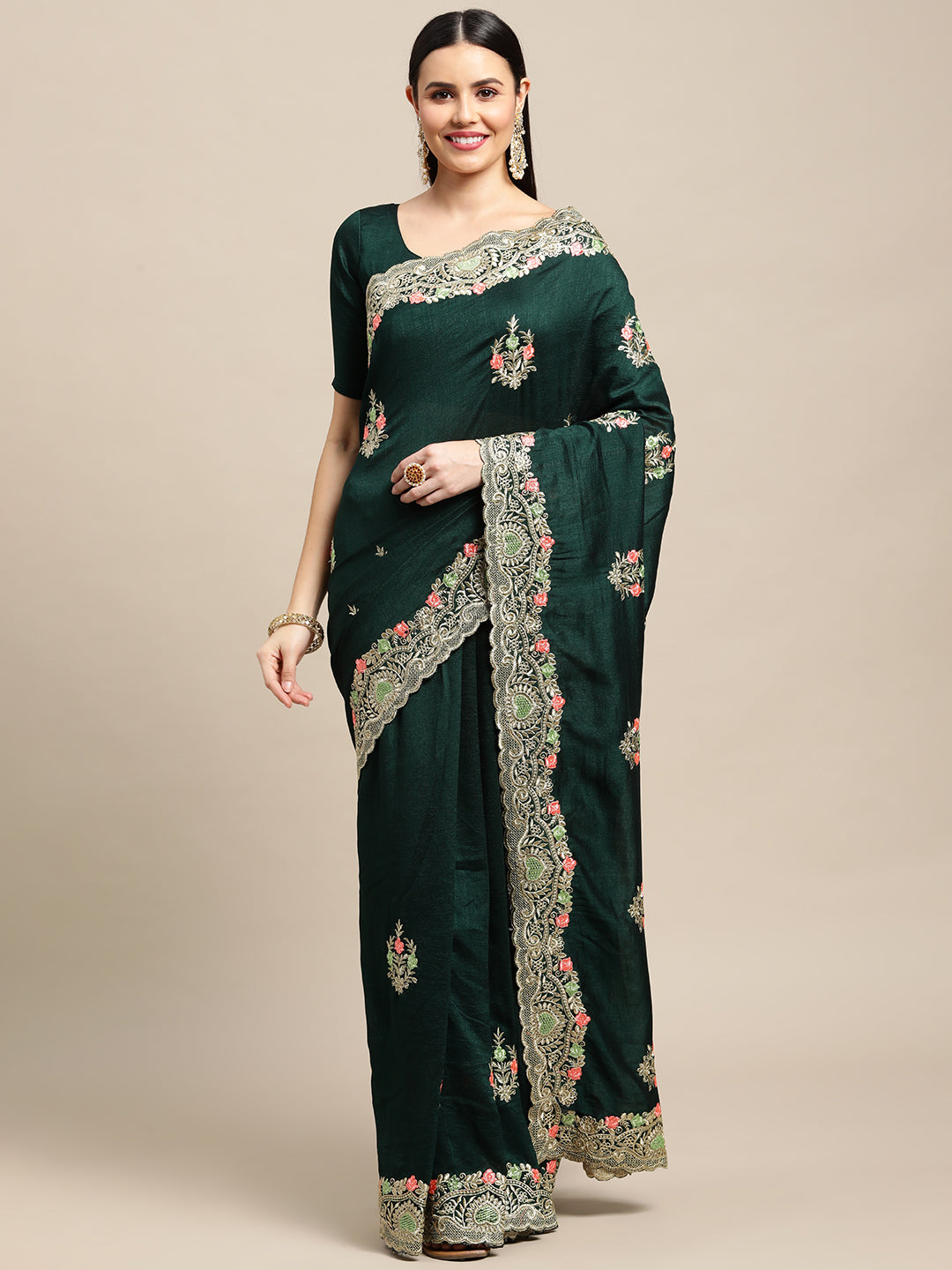 Jyoti Fashion Women's Green Silk Blend Embroidered Designer Saree with Blouse | Swadesiicart
