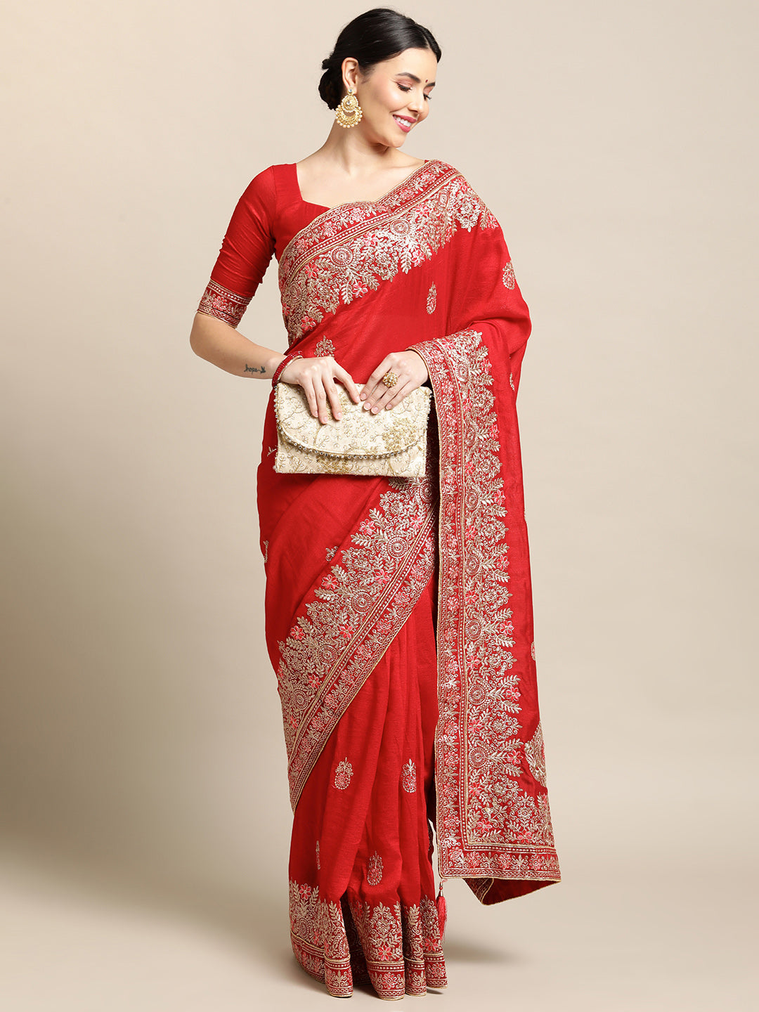 Jyoti Fashion Women's Red Silk Blend Embroidered Designer Saree with Blouse | Swadesiicart
