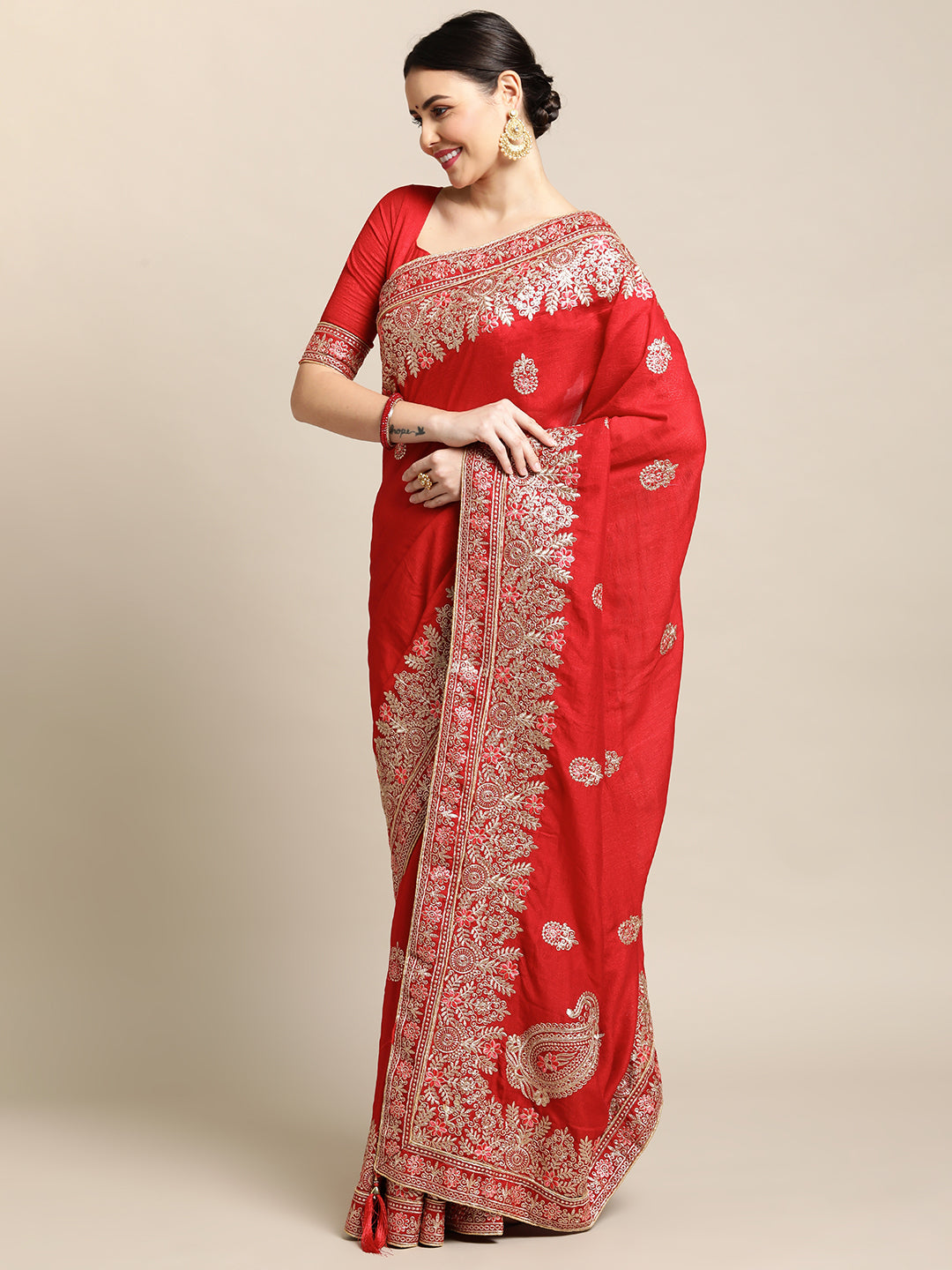 Jyoti Fashion Women's Red Silk Blend Embroidered Designer Saree with Blouse | Swadesiicart
