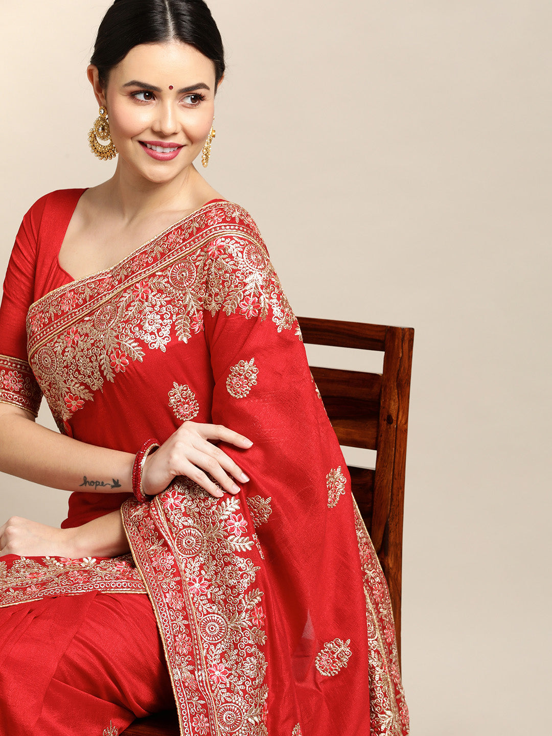 Jyoti Fashion Women's Red Silk Blend Embroidered Designer Saree with Blouse | Swadesiicart