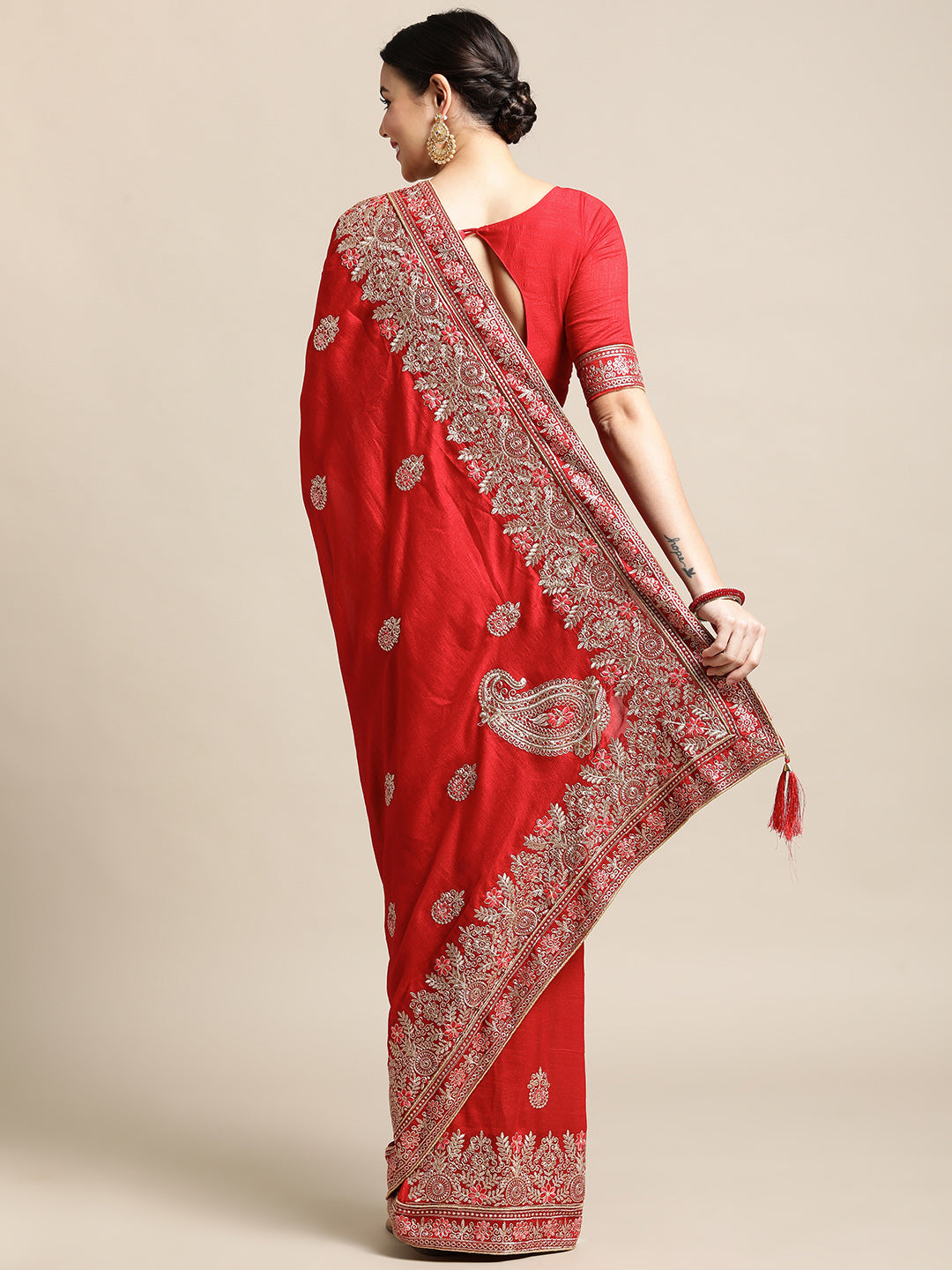 Jyoti Fashion Women's Red Silk Blend Embroidered Designer Saree with Blouse | Swadesiicart